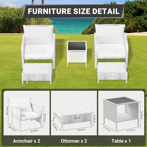 LEVELEVE Balcony Furniture 5 Piece Patio Conversation Set, PE Wicker Rattan Outdoor Lounge Chairs with Soft Cushions 2 Ottoman&Glass Table for Porch, Lawn-Brown Wicker