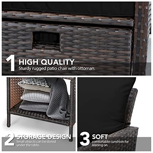 LEVELEVE Balcony Furniture 5 Piece Patio Conversation Set, PE Wicker Rattan Outdoor Lounge Chairs with Soft Cushions 2 Ottoman&Glass Table for Porch, Lawn-Brown Wicker