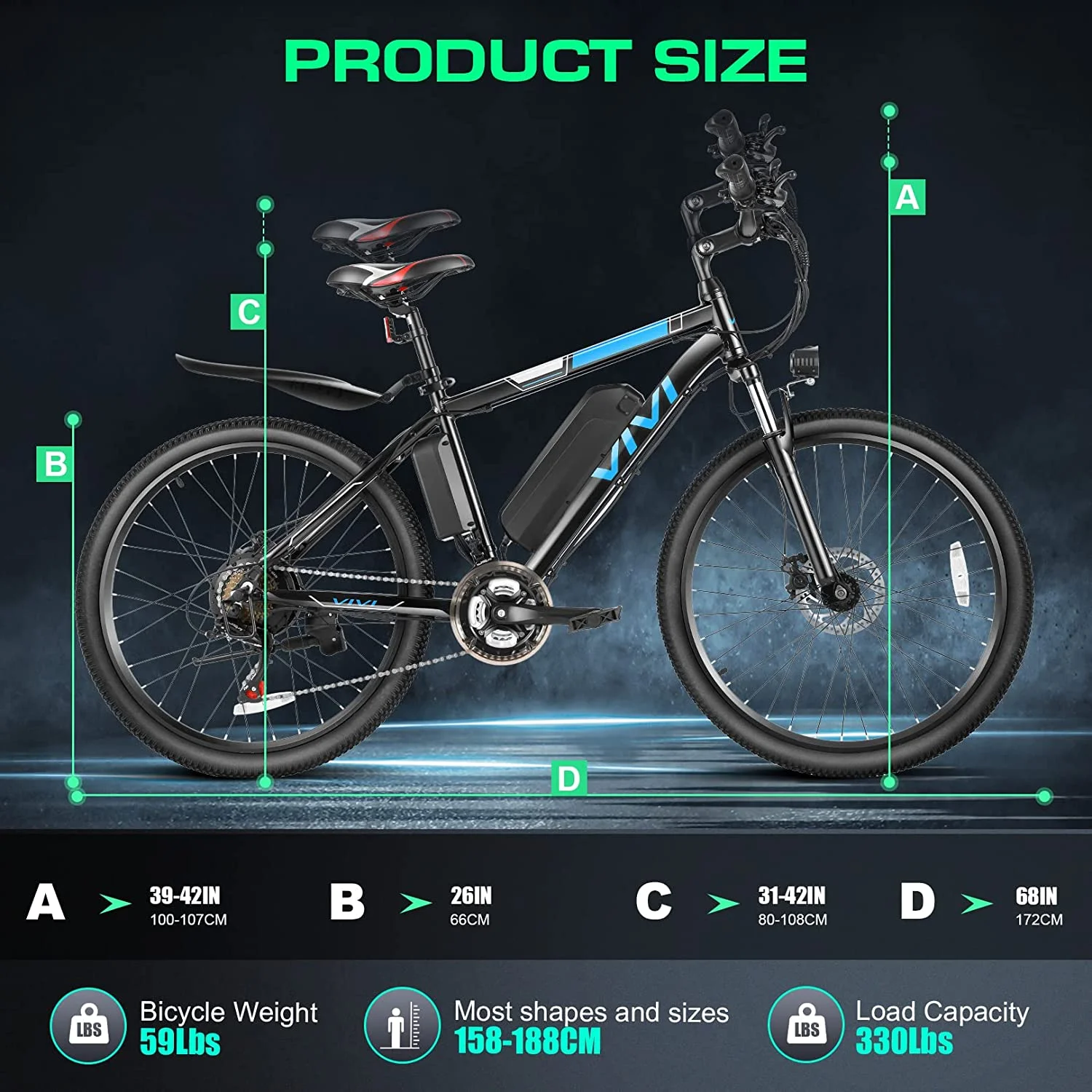 Vivi Electric Bike 26 Adult Electric Mountain Bike 500W Hardtail Electric Commuter Bike 21 Speed with Cruise Control Up to 20MPH & 50Miles