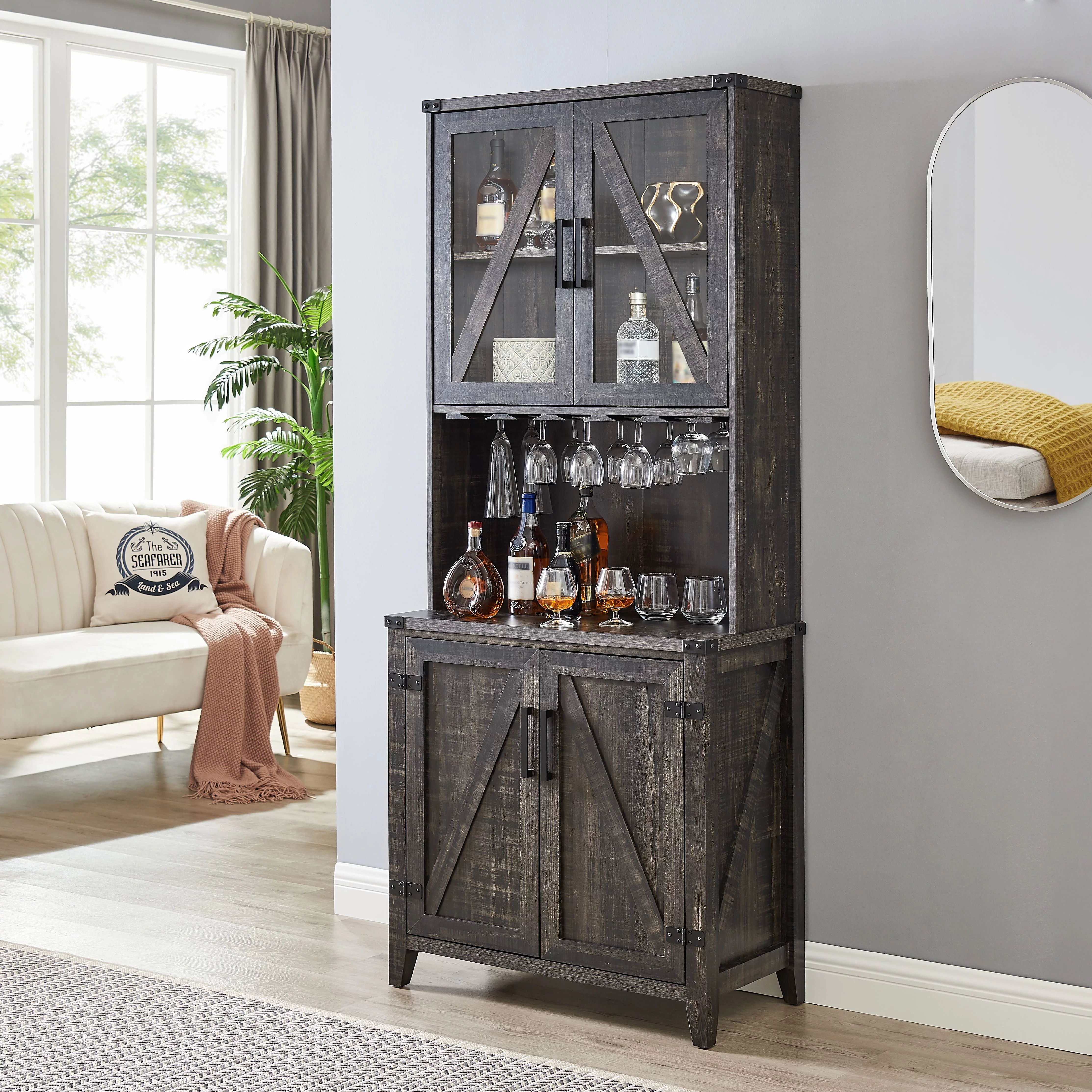 Gramercy Way Bar Cabinet with Upper Glass Cabinet in Charocal Finish - Curated Treasures Market