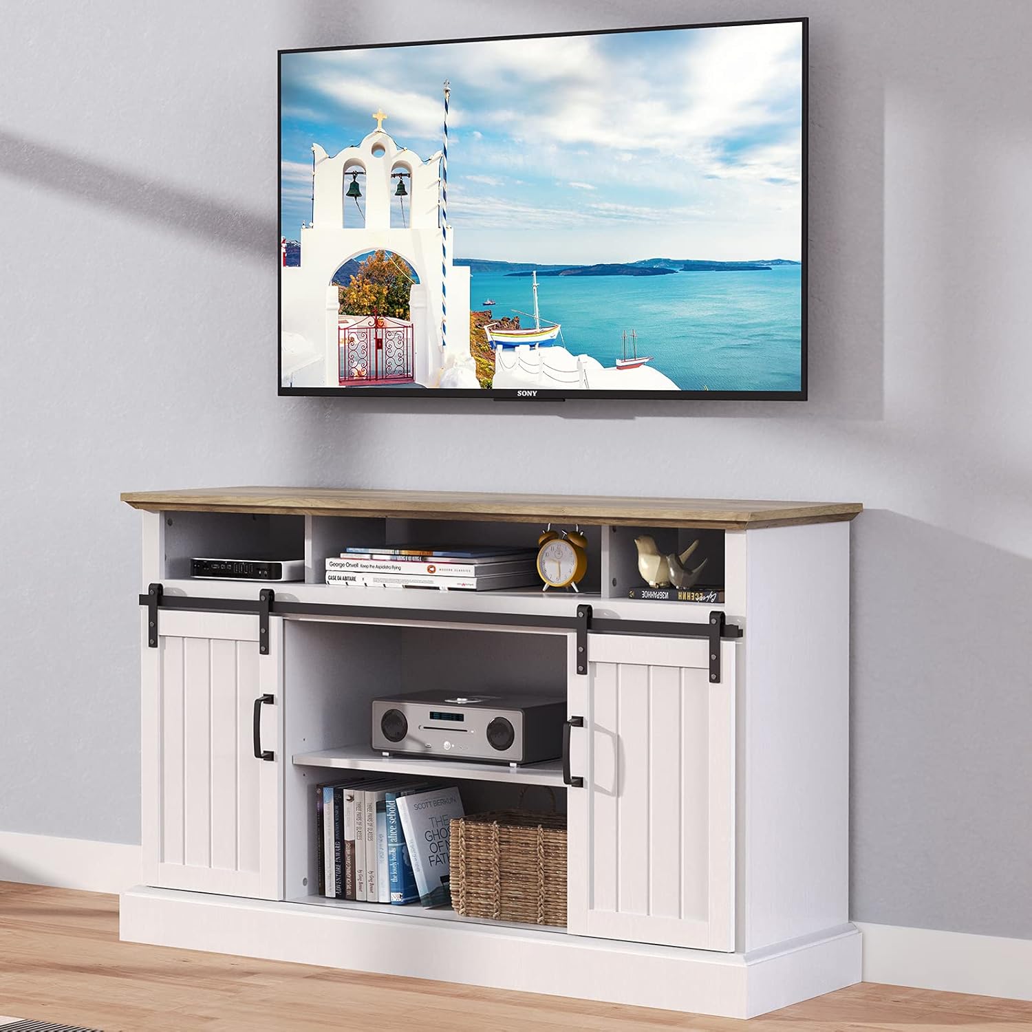 Furnimics Farmhouse TV Stand for TVs up to 65 Inch, Sliding Barn Door TV Stand for Living Room, Bedroom, White Entertainment Center TV Stand Cabinet with Adjustable Shelves&Cable Management, FMWTS01W