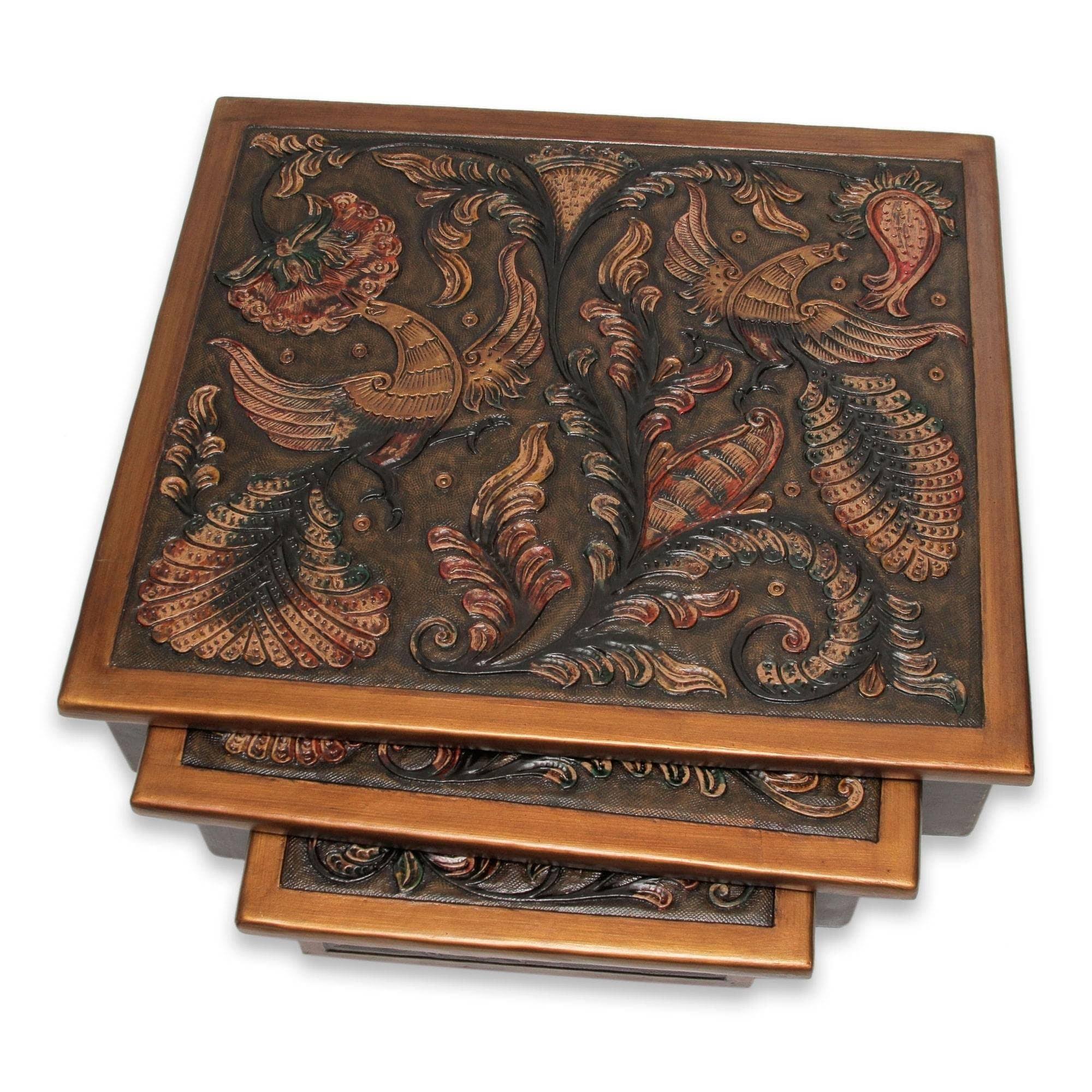 NOVICA Artisan Crafted Tooled Leather Wood Side Table (Set of 3)