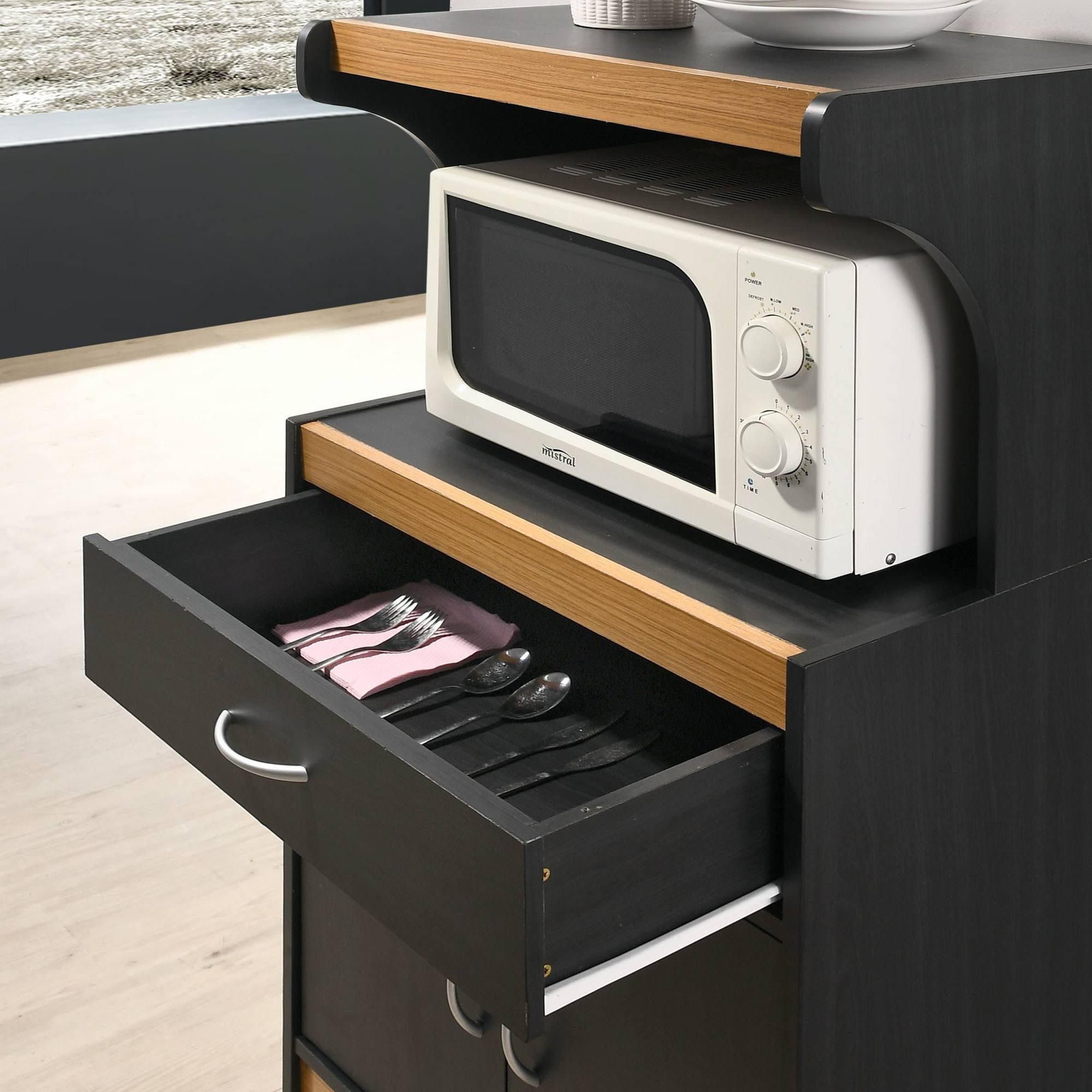 Hodedah Microwave Kitchen Cart, Black-Beech