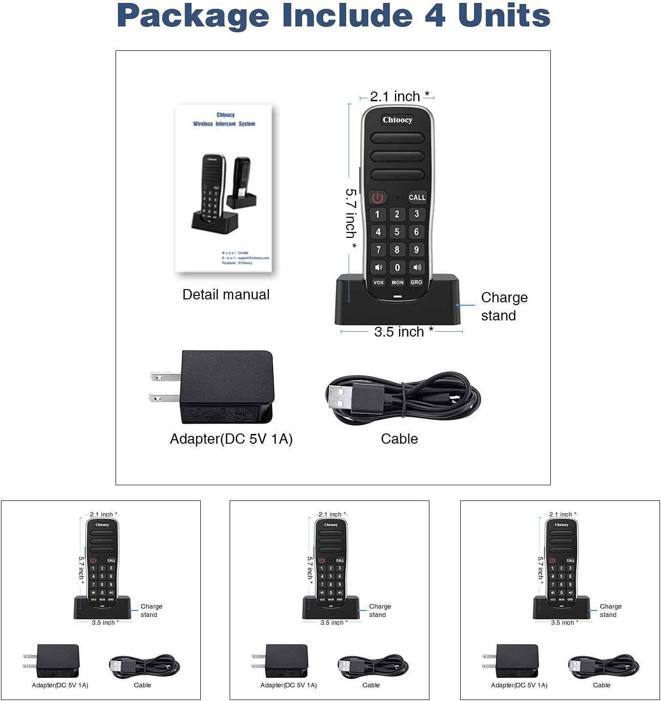 Rechargeable Intercoms Wireless for Home 5280 Feet Range 10 Channel, Chtoocy Handheld Wireless Intercom System for Home Business Office, Room to Room Communication System Expandable (4 Packs, Black)