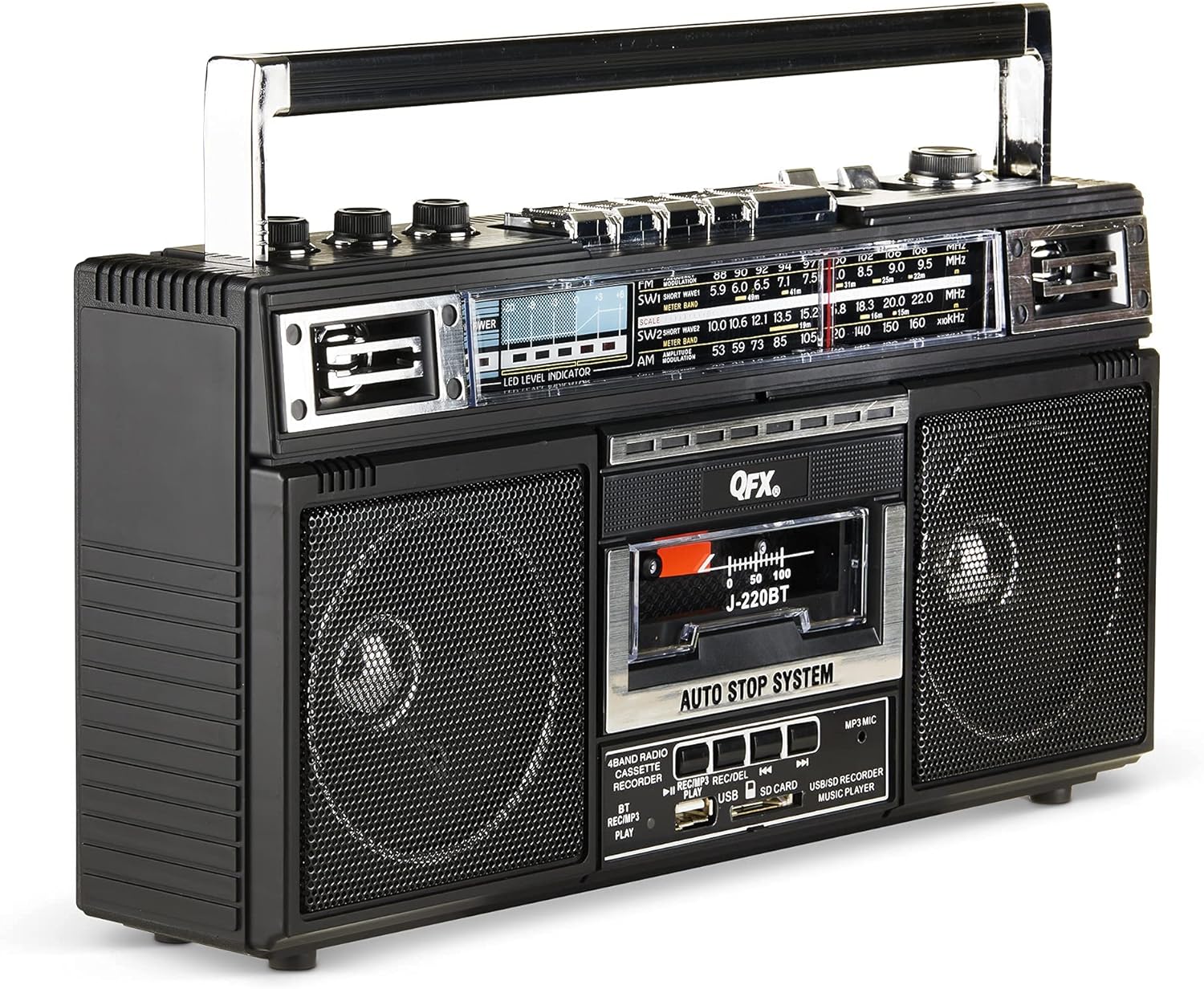 QFX J-220BT ReRun X Cassette Player/Recorder Boombox 4-Band (AM, FM, SW1, SW2) Bluetooth Portable Recording Boombox with Dual 3” Speakers, Built-in Microphone, 3-Band Equalizer Pack of 2