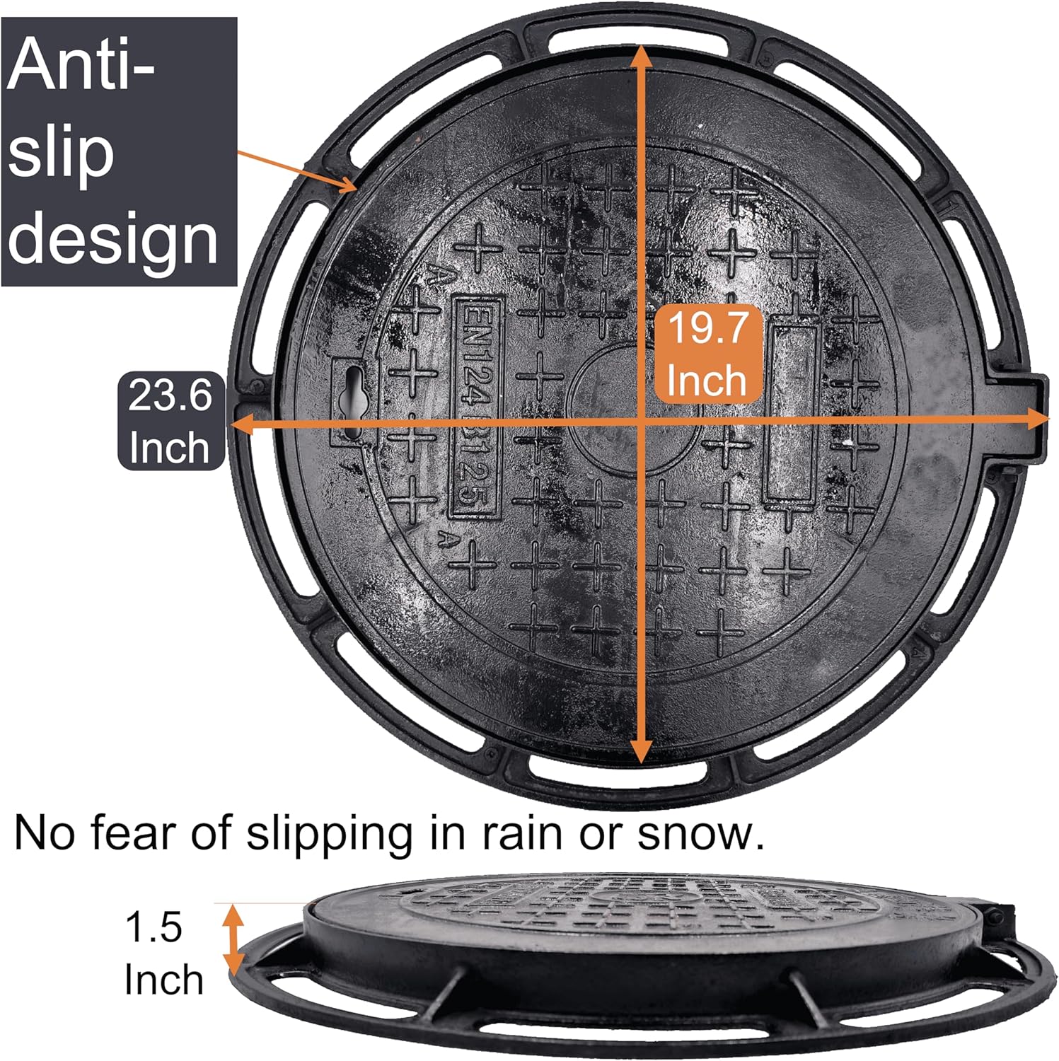 20” Cast Iron Manhole Cover and Frame, Black Septic Tank Lid with Base, Round Sewage Basin Cover, Heavy Duty Flat Cover for Corrugated Pipe or Riser (True Diameter 19.7 In)