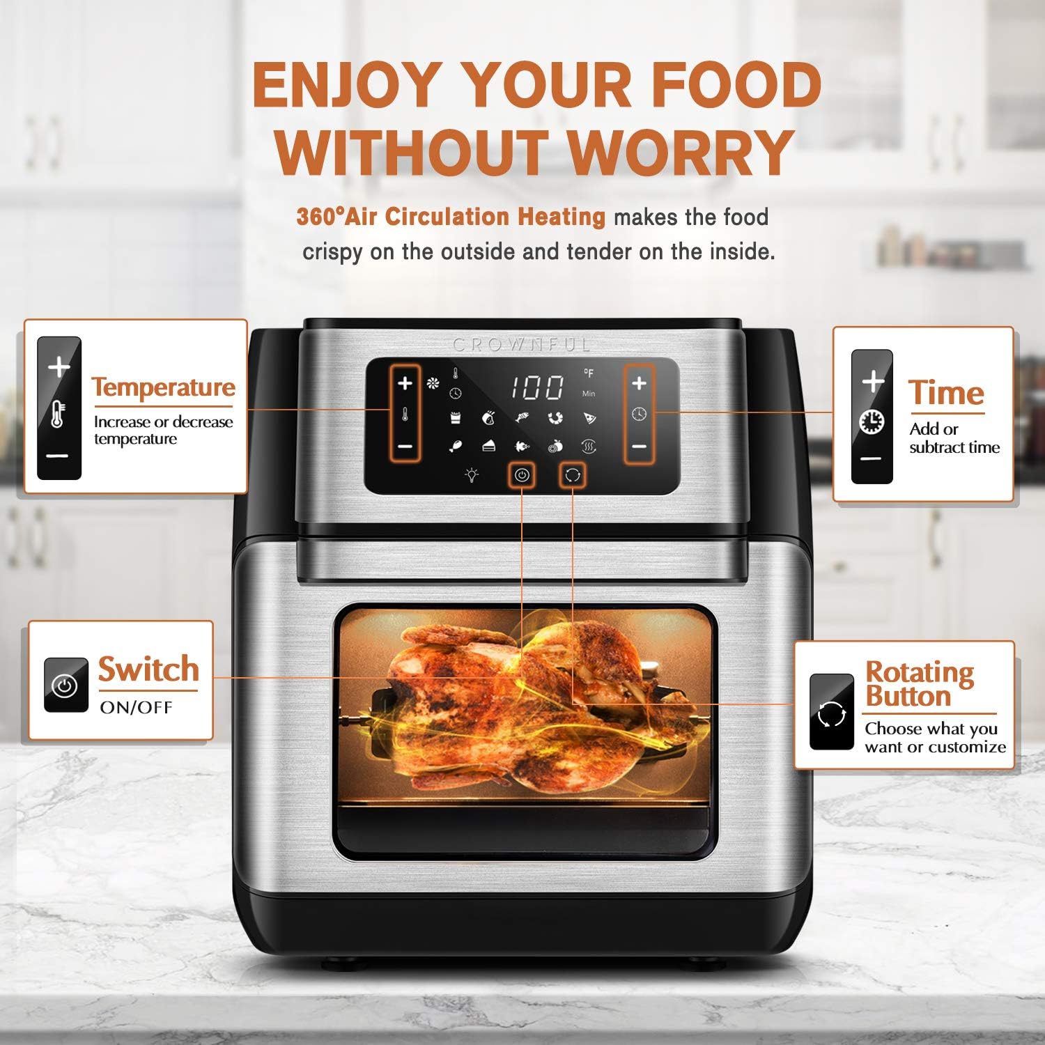 CROWNFUL 10.6 Quart Air Fryer, 10-in-1 Air Fryer Toaster Oven, Convection Roaster with Rotisserie and Dehydrator, Digital LCD Touch Screen, Accessories and Recipe Included