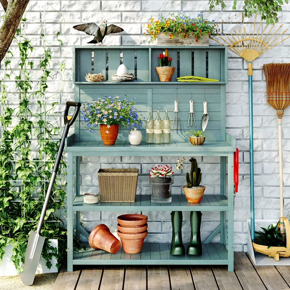 Yone jx je 65" Garden Potting Bench,Large Wooden Farmhouse Rustic Outdoor Potting Bench Table, Patio Workstation with 4 Storage Shelves and Side Hook for Garden Balcony Backyard,Green