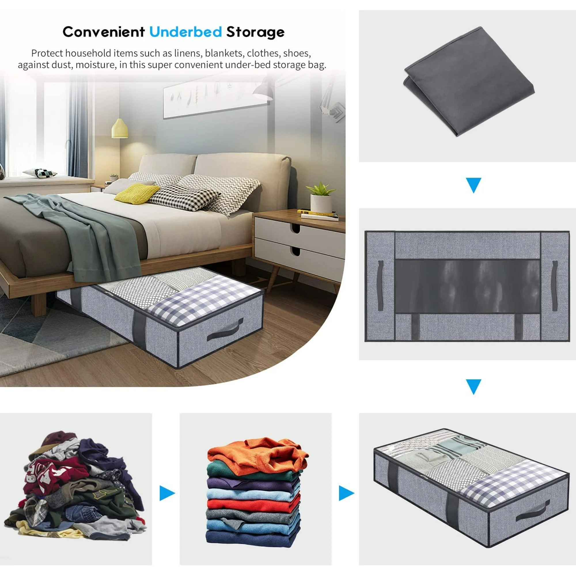 Foldable Underbed Bags - Blankets Clothes Comforters Storage Bag Breathable Zippered Organizer for Bedroom with Clear Window