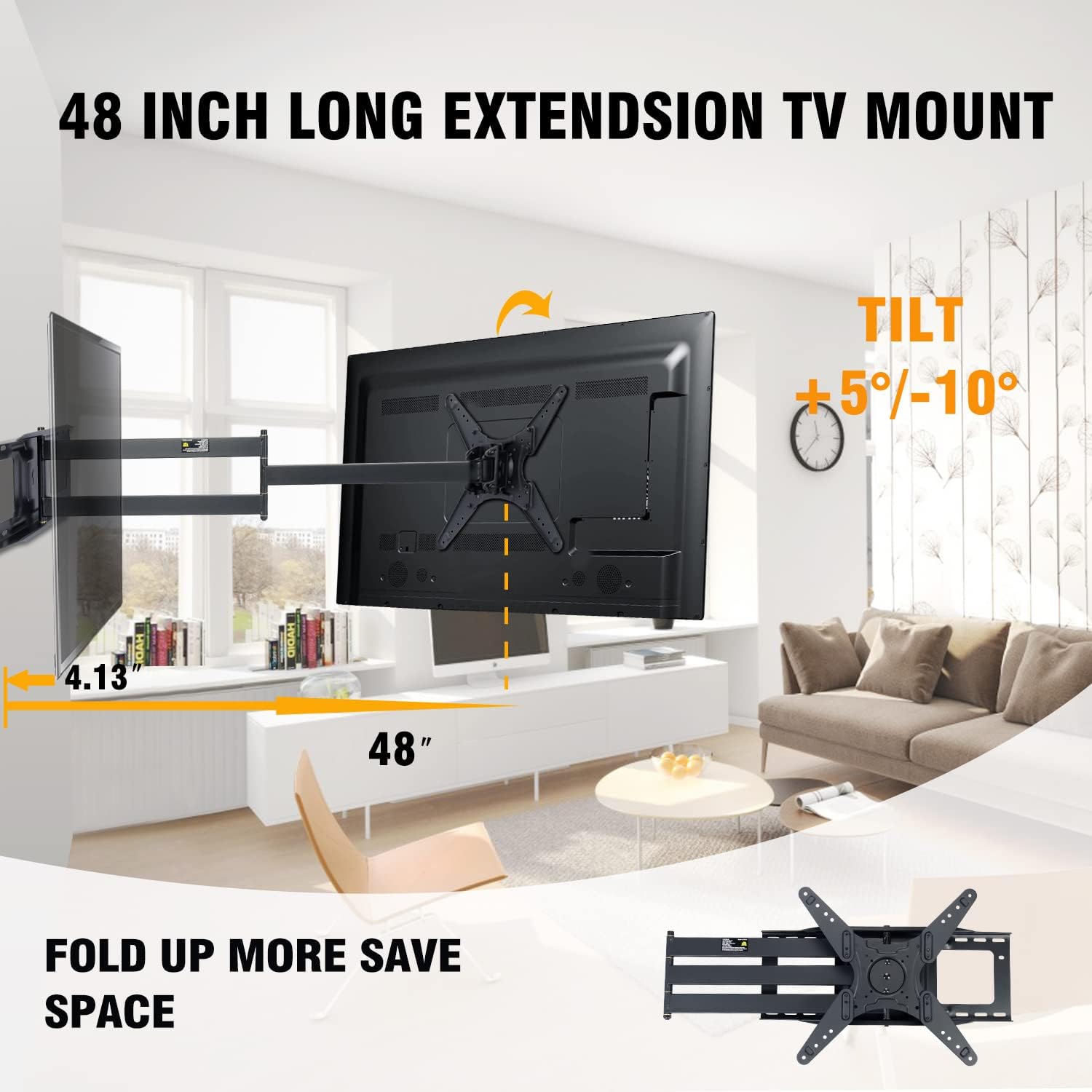 WHYFONE Landscape to Portrait Long Arm TV Mount,Full Motion TV Wall Mount Bracket with 48" Extension Articulating Arms,Swivels,Tilts,Rotation,Fits 23- 60" TVs & Monitor,Holds 100 lbs,VESA400x400mm