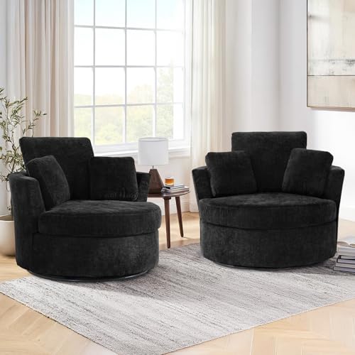 Chair and A Half with Ottoman, 360° Swivel Accent Barrel Chair Modern Comfy Round Reading Sofa Swivel Chairs Circle Lounge Chair for Bedroom Living Room w/4 Pillow Lower Seating Heigh (White, Large)