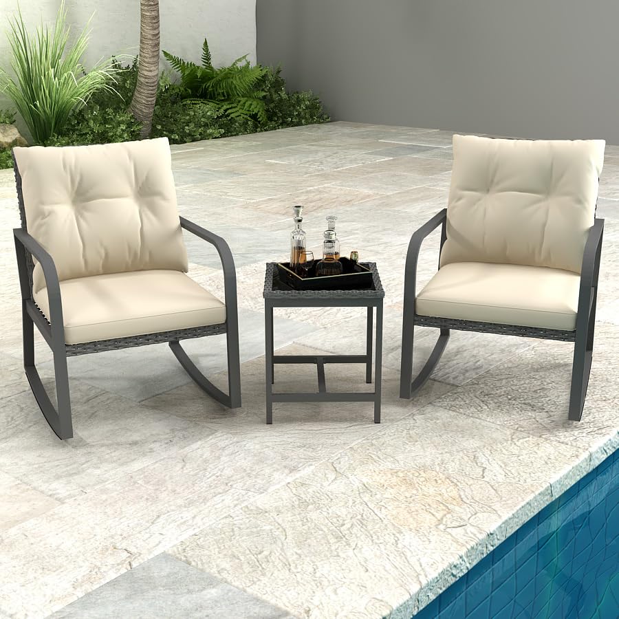 3 Piece Rocking Bistro Patio Set, Outdoor Rocking Chair, Outdoor Bistro Sets Wicker Patio Furniture Rocking Chairs Sectional Couch with Tempered Glass Top Coffee Table & Cushions, Dark Blue