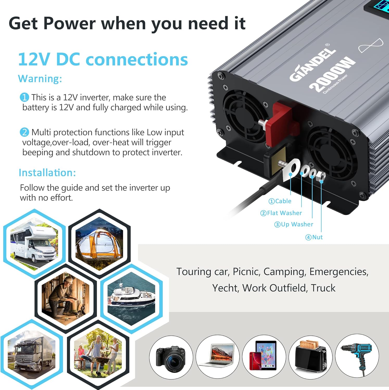 GIANDEL 2000W Pure Sine Wave Power Inverter DC 12V to AC 120V with a Hard Wire Terminal Block and Big LCD Display Wired Remote Controller Dual 2.4A USB Ports FCC Approved for Emergency Solar System