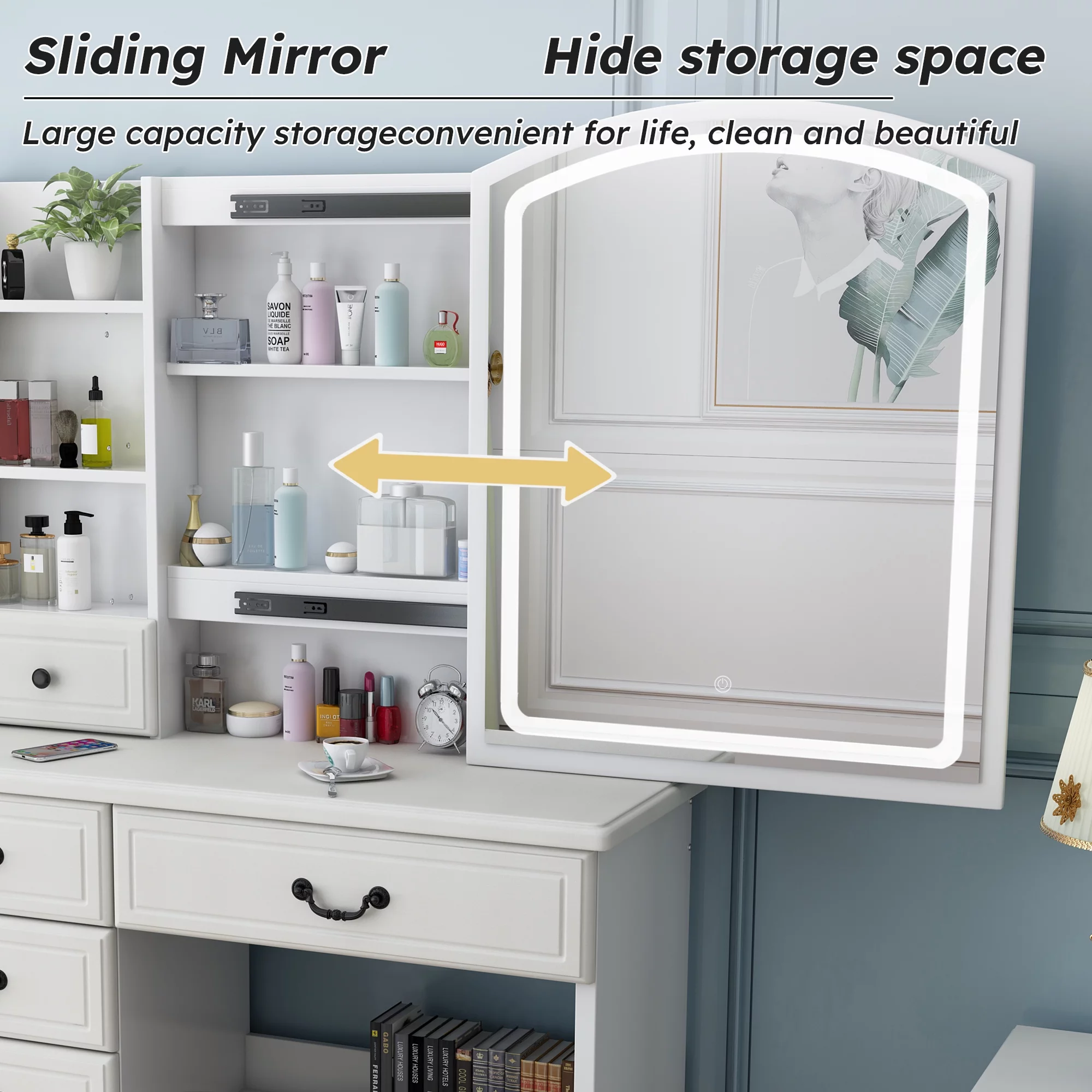 Leavader Vanity Desk with Mirror and Led Lights, Makeup Vanity Table Set with 3 Color Lighting Brightness Adjustable, 6 Drawers, White Color Dress Vanity Table