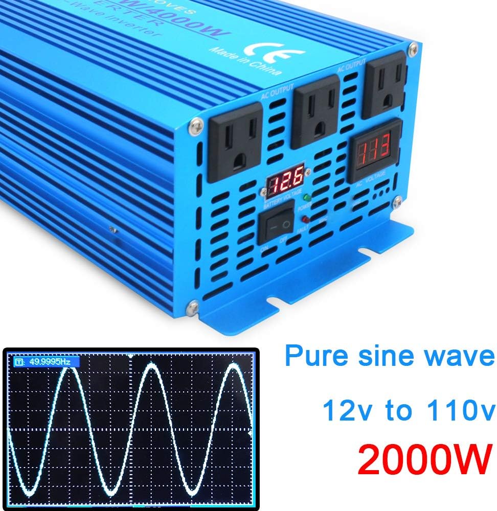 Yinleader 2000W Pure Sine Wave Inverter Power Inverter Peak Power 4000W 12V DC to 110V 120V AC with LED Display 3 AC Outlets for RV Car Solar System Emergency