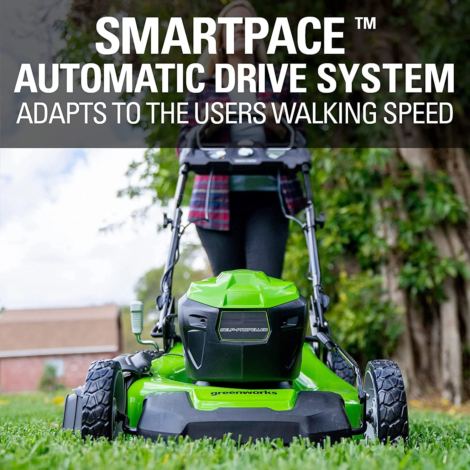 Greenworks 40V 21 Brushless (Smart Pace) Self-Propelled Lawn Mower, 2 x 4Ah USB (Power Bank) Batteries and Charger Included MO 21 Mower (2 x 4.0Ah)