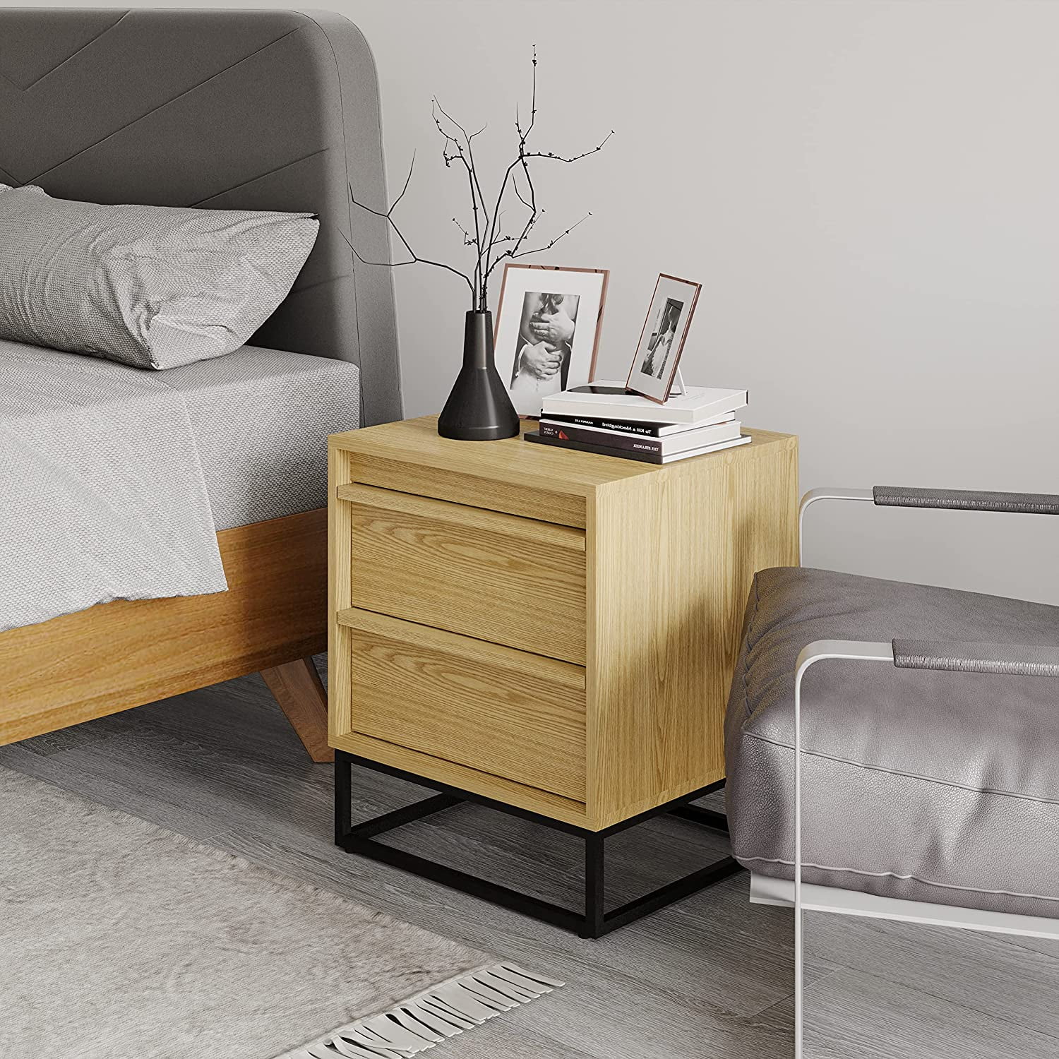 Cyra Natural Oak Nightstand - Fully Assembled Solid Wood Night Stand With Two Drawers, Black Metal Base - Ideal Wooden Nightstand For Bedroom