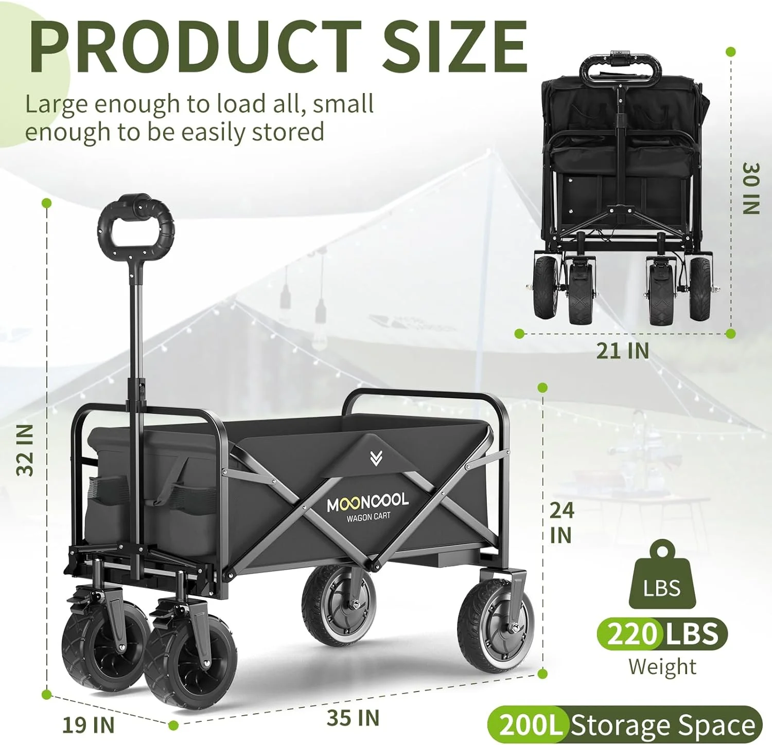 ABORON Collapsible Electric Utility Garden Wagon with 8" All-Terrain Wheel,Electric Drive Foldable Storage Beach Wagon,Multi-Purpose Big Bucket Cart for Camping, Garden, Shopping