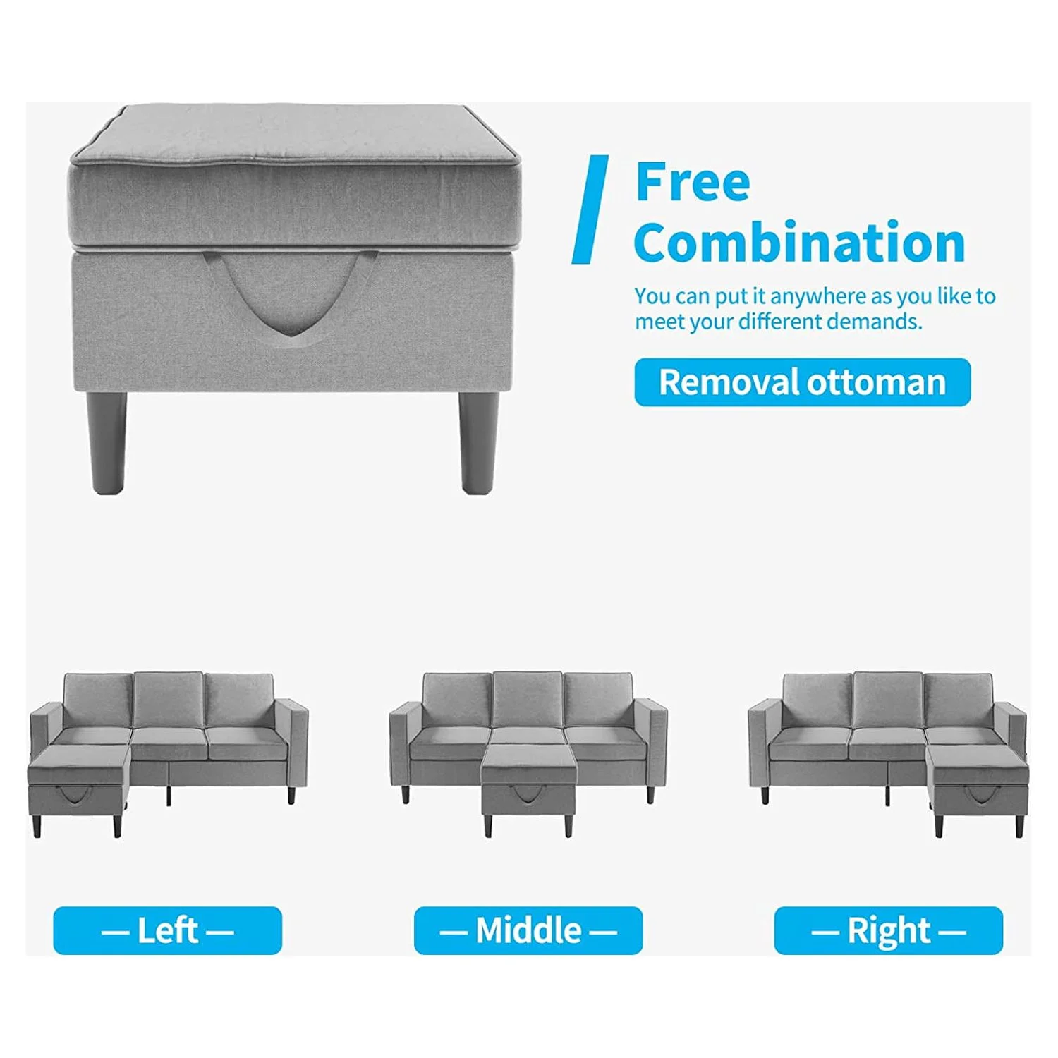 Mjkone Convertible Sectional Sofa Couch with Storage Ottoman, 3 Pcs Couch Set with Storage Pockets, Sectional Couches for Living Room, 3-Seater + Ottoman + 1-Loveseat (Light Gray)