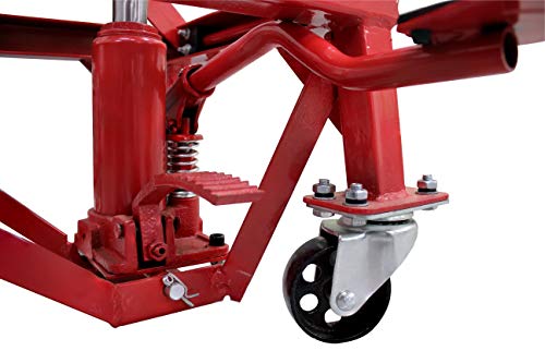 Extreme Max 5001.5083 Ultra-Stabile Hydraulic Motorcycle Lift Table with Foot Pad Lift Function - Raises Bikes from 13.25" to 34", 300 lbs. Weight Capacity, Red