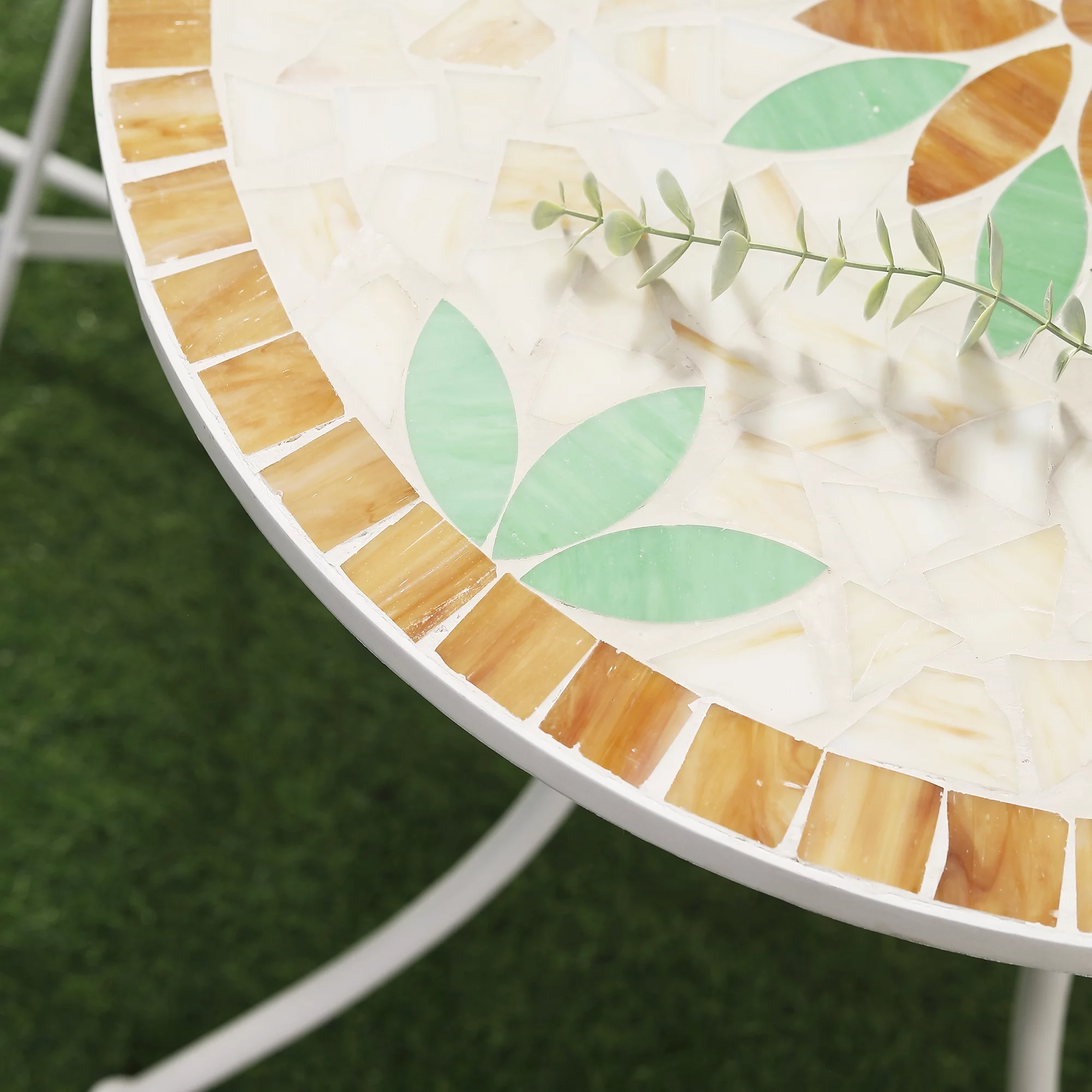 Outsunny Folding 3 Piece Bistro Set, Stone Table & Chairs, Flower Mosaic