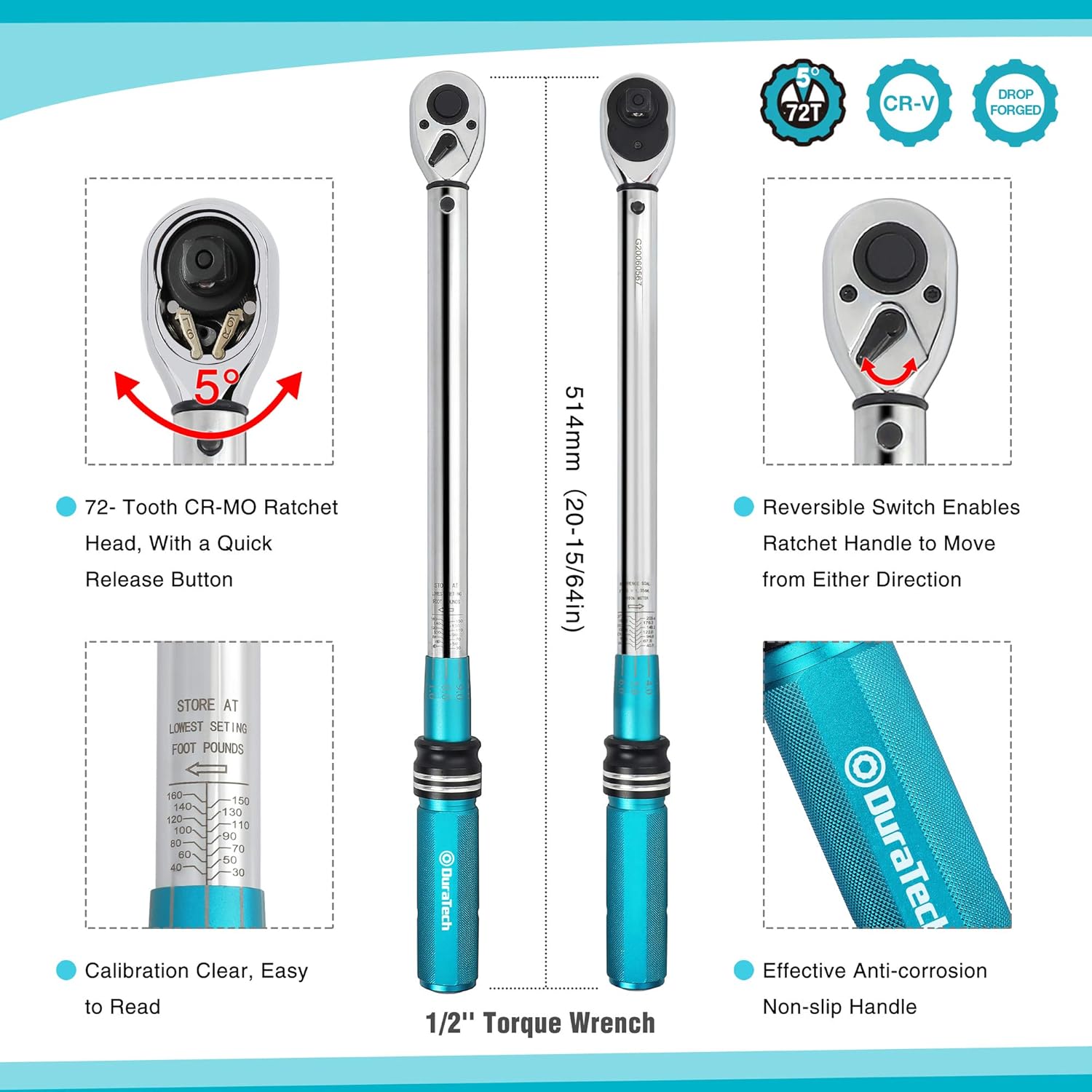 DURATECH 1/2-Inch Drive Click Torque Wrench, 30-160 Ft-lb, with Socket Adapter, Extensions Bar, Storage Case Included