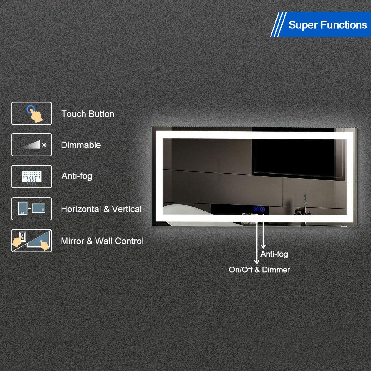 BHBL 60 x 36 Inch Illuminated LED Bathroom Mirror with Smart Button, Anti Fog, Dimmable, Bluetooth Speakers, Vertical & Horizontal Mount, Hotel Office Bar Mirror (D224-6036A)