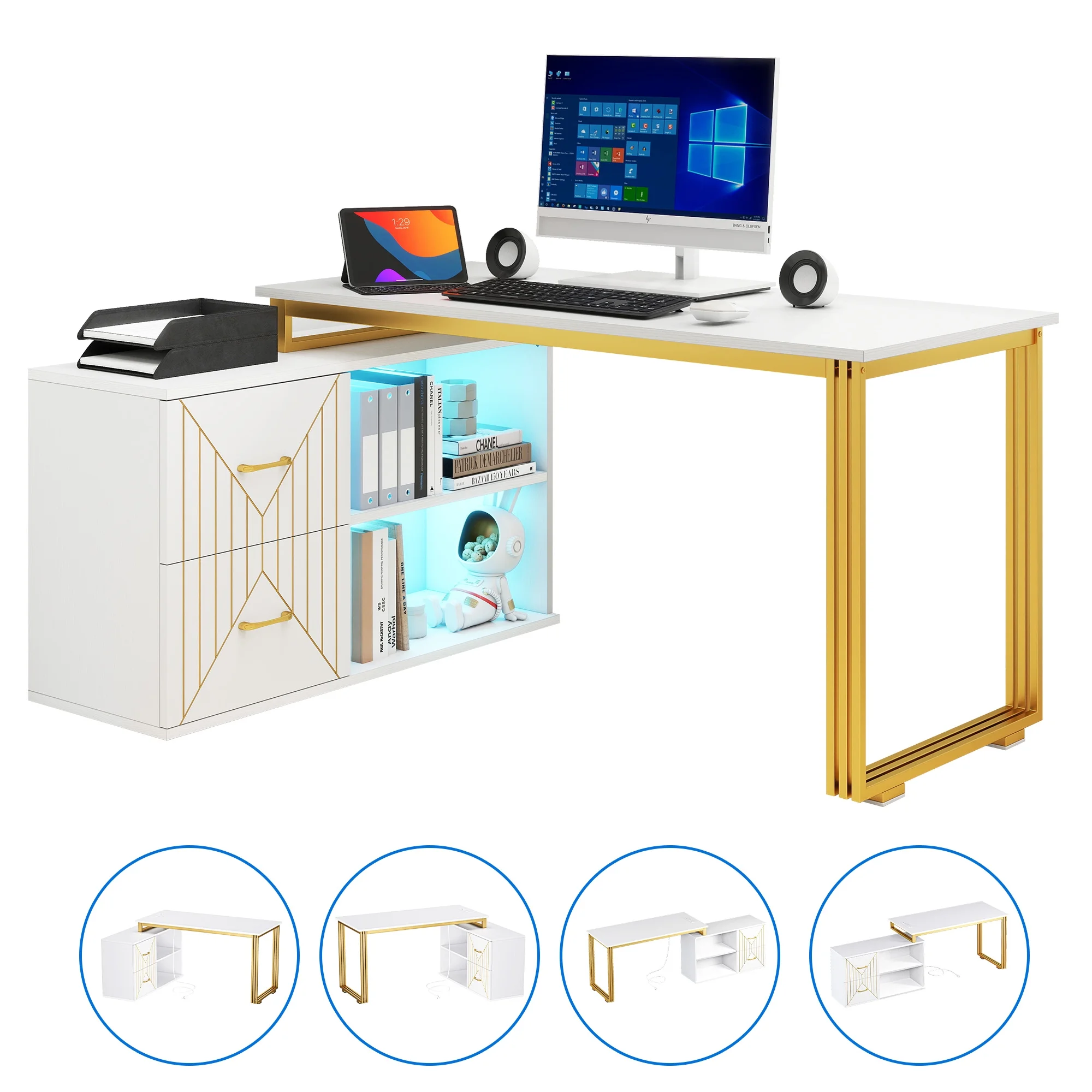 Dextrus L Shaped Desk with LED Light & Power Outlets, 55 Inch Reversible Corner Desk with Drawers & Storage Shelves, Computer Desk Office Desk Writing Desk for Home Office, White