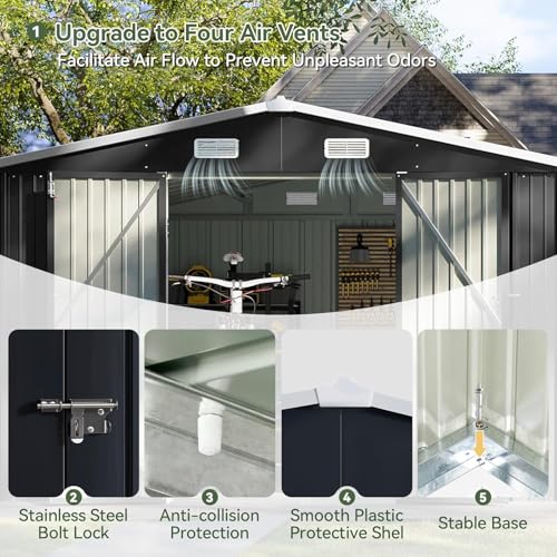 Aoxun 10 x 12FT Outdoor Storage Shed with Double Hinged Large Door Utility Garden Shed with Lockable Door & Sloped Roof Metal Sheds Outdoor Storage for Garden, Backyard, Patio and Backyard, Brown