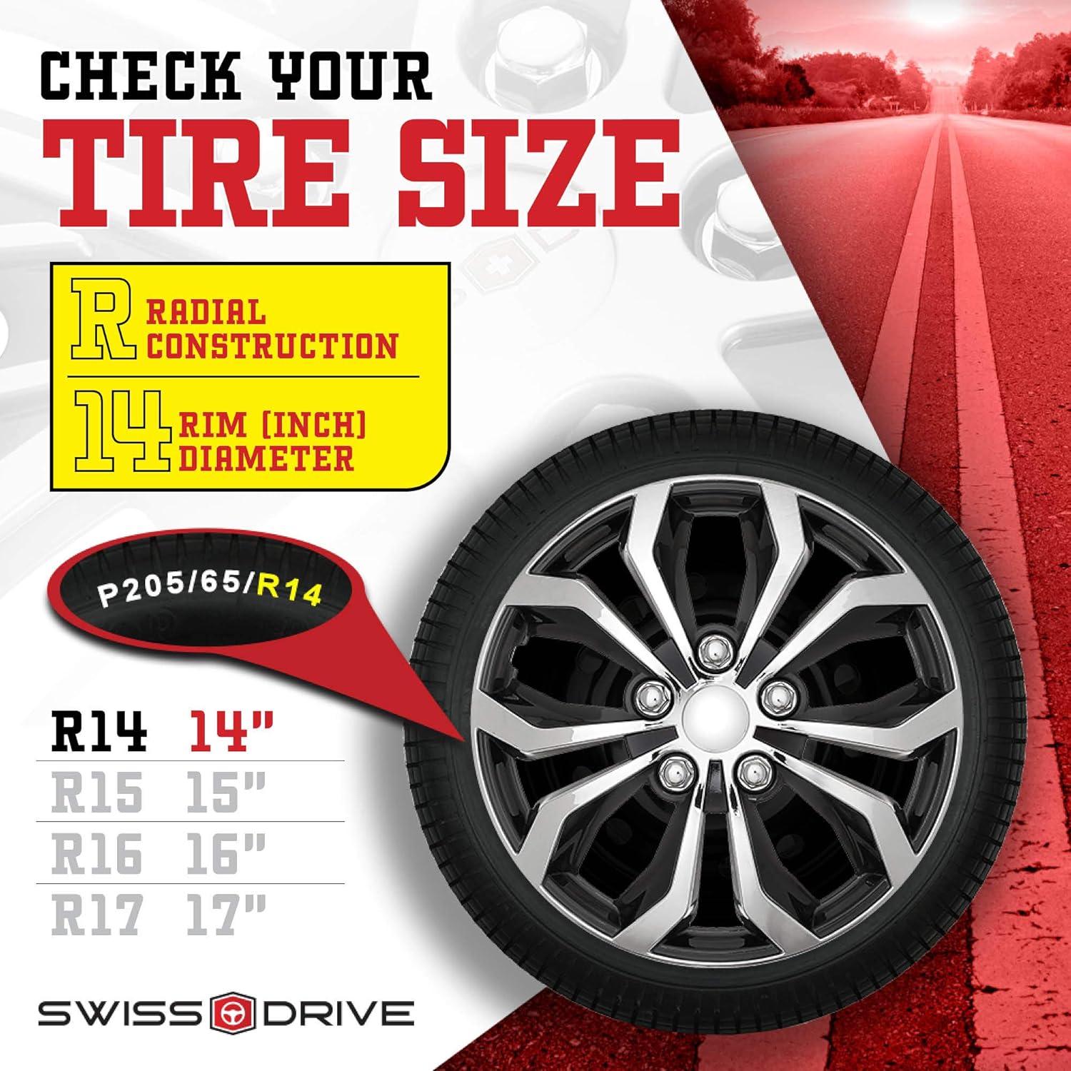 Swiss Drive Set of 4 Hubcaps 14 Wheel Cover “SPA” Chrome and Black ABS Easy to Install Universal(Check Rim and Tire Size)