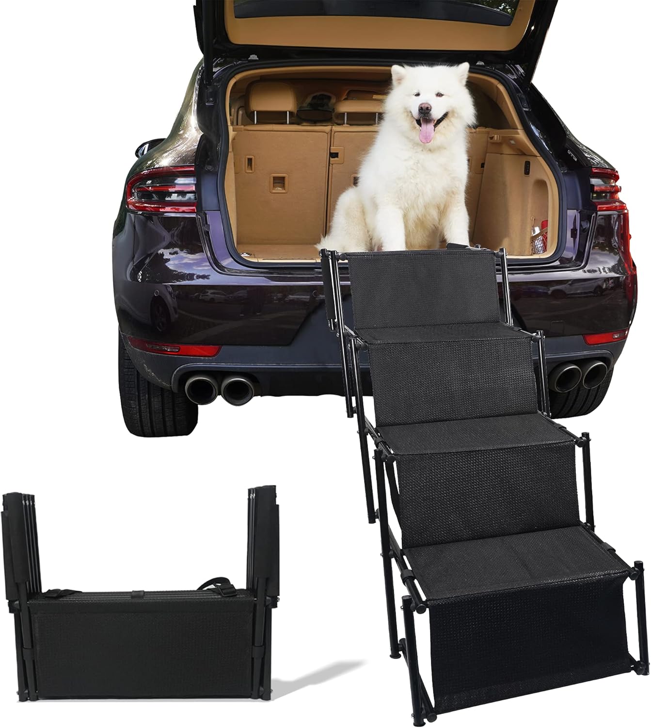 maxpama Folding Dog Car Ramp with Portable Aluminum Fram for Large Dog, Foldable Pet Step Stairs with Nonslip Surface for High Beds, Trucks, Cars and SUV, Lightweight Pet Ladder Support 150-200 Lbs