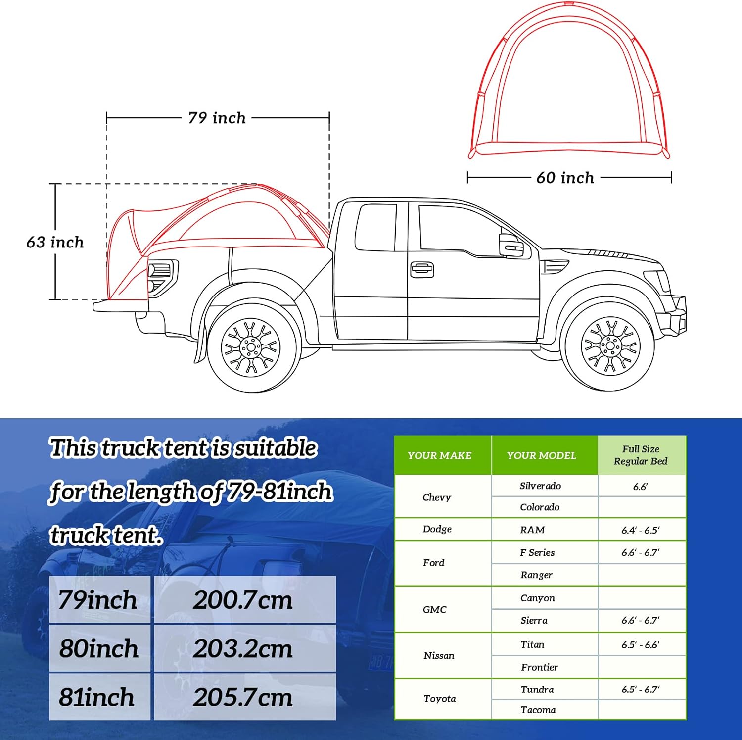 MR Full Size Truck Tent for Camping with Waterproof Rainfly, Double Layer for 2-Person Portable Truck Bed Tent, Car Bed Camp Tents for Pickup Trucks, Fits Mattresses 79-81", Vehicle Mounted Tent…