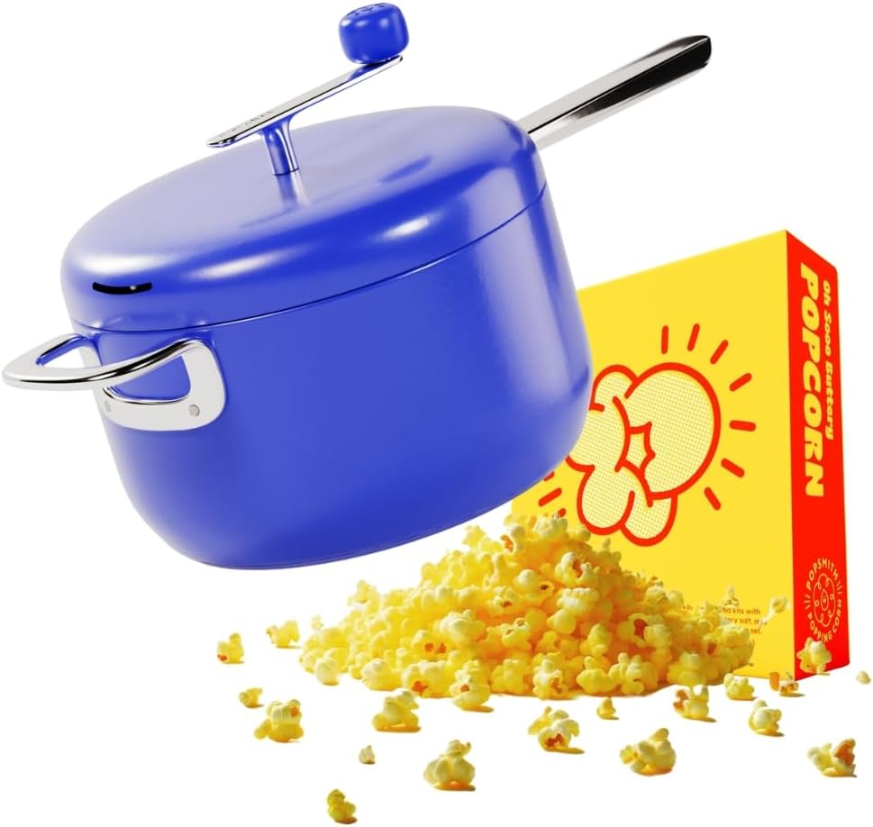 Popsmith Popcorn Popper in Cobalt & Pack of 5 Oh Sooo Buttery Popcorn Kits Bundle - 4 oz Popcorn Packets and Stainless Steel Popcorn Maker Compatible with All Stovetops