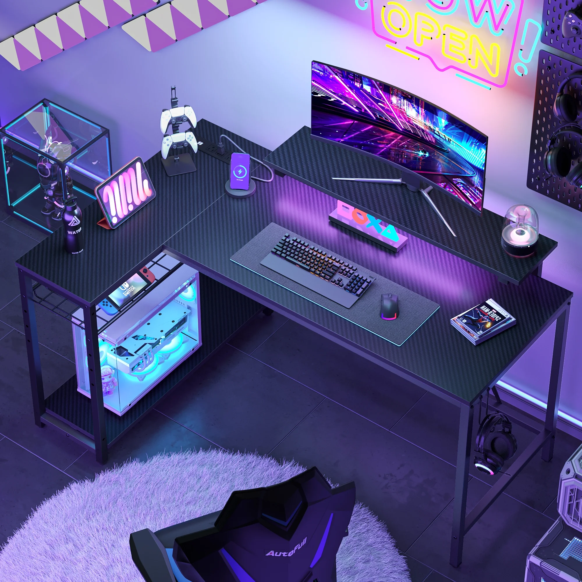 Bestier 52" Gaming Desk with LED Lights L Shaped Desk with Power Outlet & Monitor Stand Corner Computer Desk in Carbon Fiber
