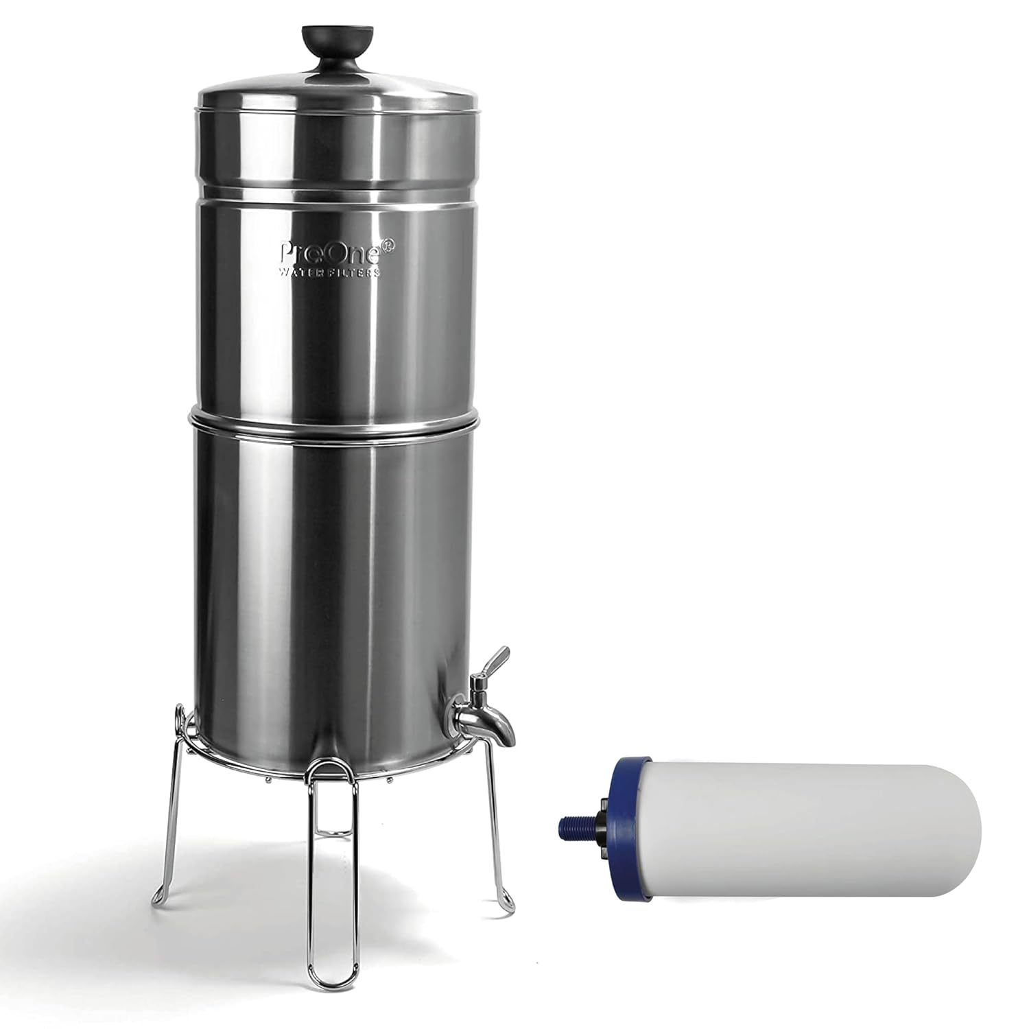 ProOne Big+ Stainless-Steel Gravity Water Filter System, 3-Gallon Water Capacity, Countertop Water Dispenser for Home, Camping, and Travel w/ (2) 7-inch Filter & Wire Stand