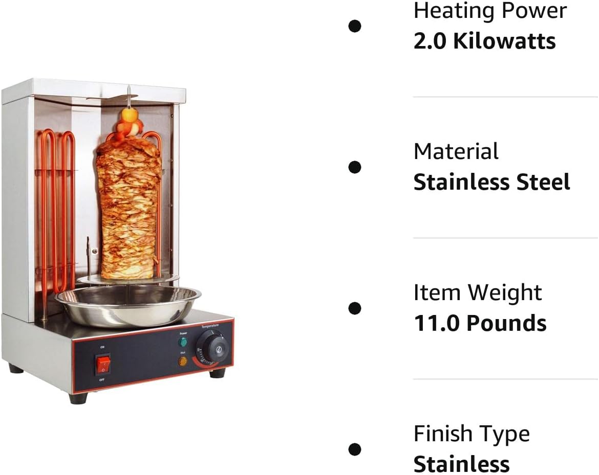 Li Bai Shawarma Machine Electric Vertical Kebab Grill Gyro Rotisserie Oven Meat Broiler with 2 Heating Tubes Stainless Steel Body 110V For Home Restaurant Kitchen（Registered Design Patent）