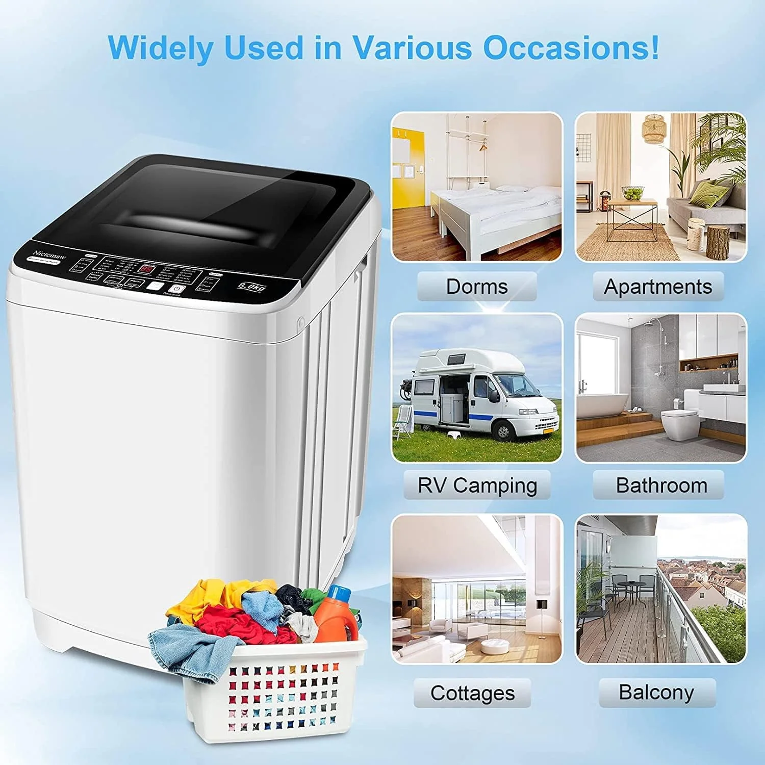 Qhomic Portable Washing Machine, 17.8lbs Large Capacity Fully-Automatic Laundry Washer 1.9Cu.ft Washer Machine Ideal for Apartments Dorms Families
