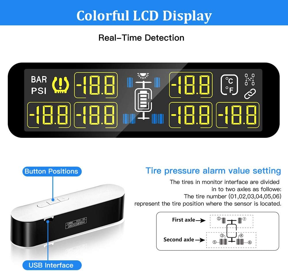 Tire Pressure Monitoring System TPMS,Blueskysea 6 External Sensors with Real-time Alarm Pressure Temperature LCD Color Screen For 4-6 Tires' Car RV Tow Trailer Pickup Truck Van (U8B6)