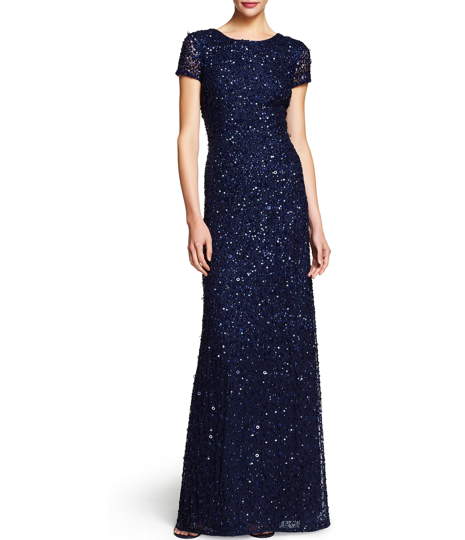 Adrianna Papell Petite Scoop Back Sequin Gown, Navy, Size: 2