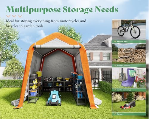 AMERLIFE 10.5x12x8 FT Heavy Duty Portable Shed Storage Shelter, Outdoor Storage Shed with 4 Waterproof Windows & Roll-up Zipper Door, Carport for Motorcycle, Bike, Grey