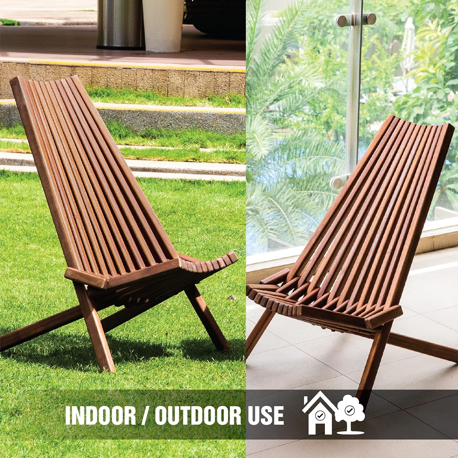 Melino Folding Wooden Outdoor Chairs - Low Profile, Acacia Wood Outdoor Lounge Chair, Stylish Wooden Folding Chair, Cinnamon - Great Wooden Patio Chair, Acacia Wooden Folding Chair for Your Home