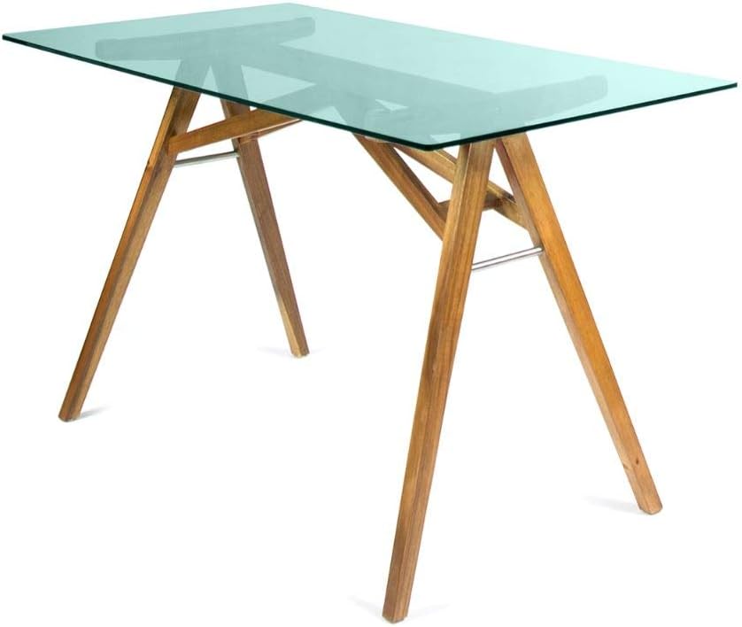 Christopher Knight Home Camila Mid-Century Tempered Glass Desk with Acacia Wood Frame, Dusk Grey / Natural Stained