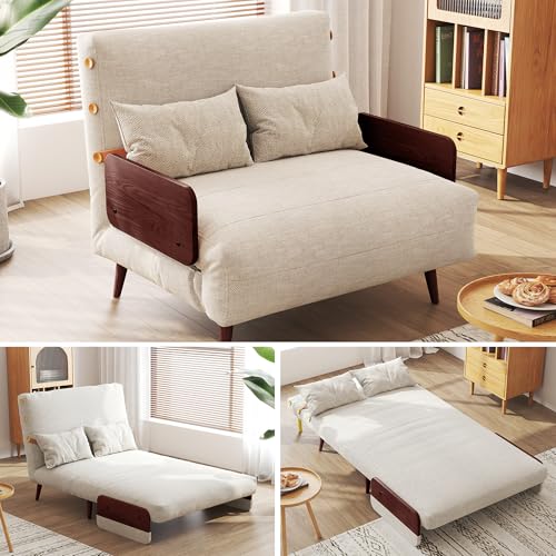 3-in-1 Convertible Chair Bed Sleeper for Adults, Linen Convertable Sleeper Chair with Wooden Arms & Pillows, Foldable Single Futon Sofa Bed (Mid Century with Walnut Arm, 36.6" Wide)