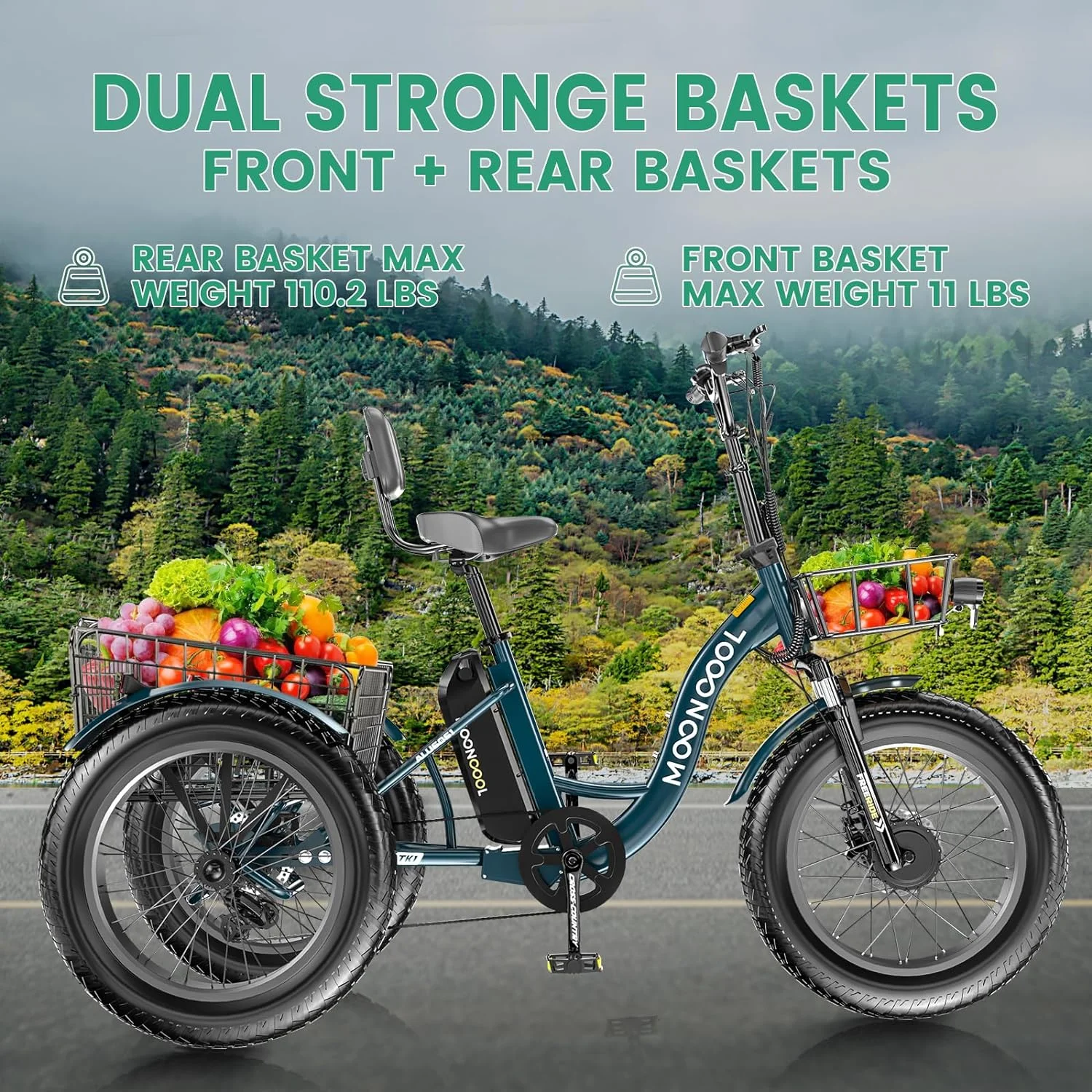 MOONCOOL Electric Tricycle for Adults, 20" x 4.0 Fat Tire Electric Trike, 7 Speed 750W Motorized 3 Wheel Electric Bicycle with Front & Rear Basket Basket, Suspension Fork - Curated Treasures Market