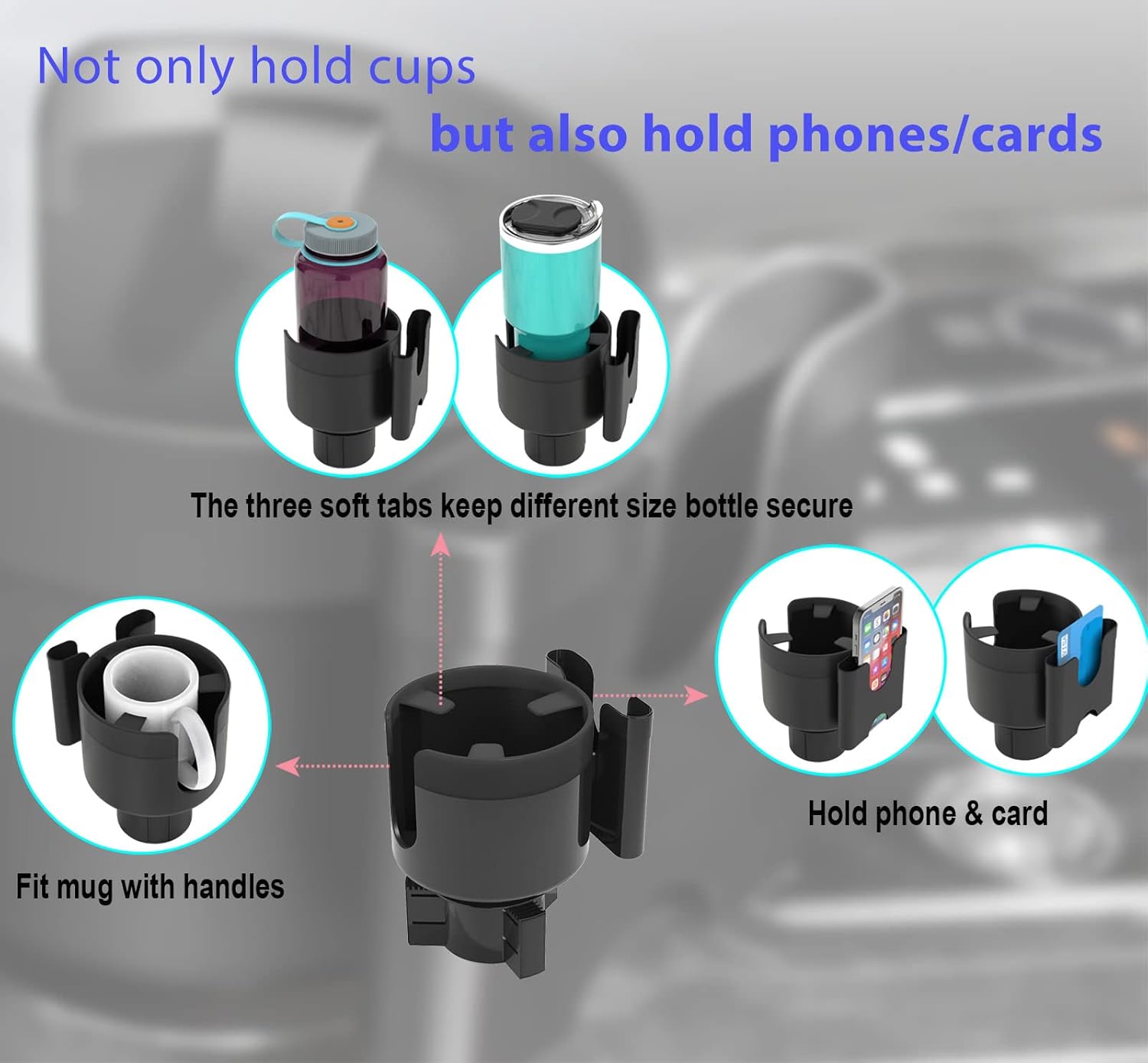 Big Cup Holder Expander for Car, Expandable Automotive Cup Organizer with Phone Stand, Adjustable Cupholder Compatible with Hydro Flasks Nalgenes Yeti Klean Kanteens Camelbak Bottles Mugs