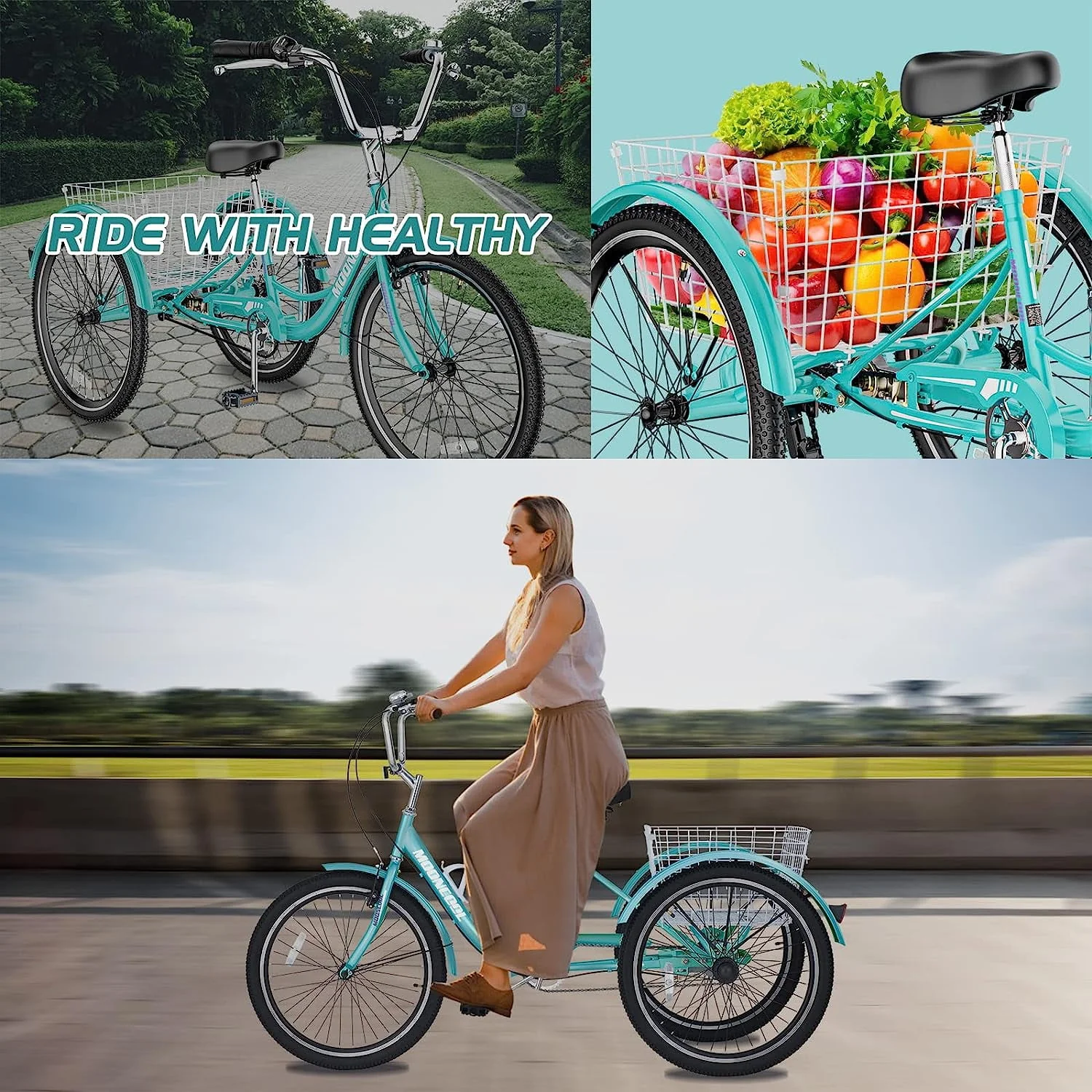 MOONCOOL Adult Tricycles, Single Speed Three Wheel Bike for Adults, 24 inches Adult Trikes for Men, Women, Seniors with Low Step Through