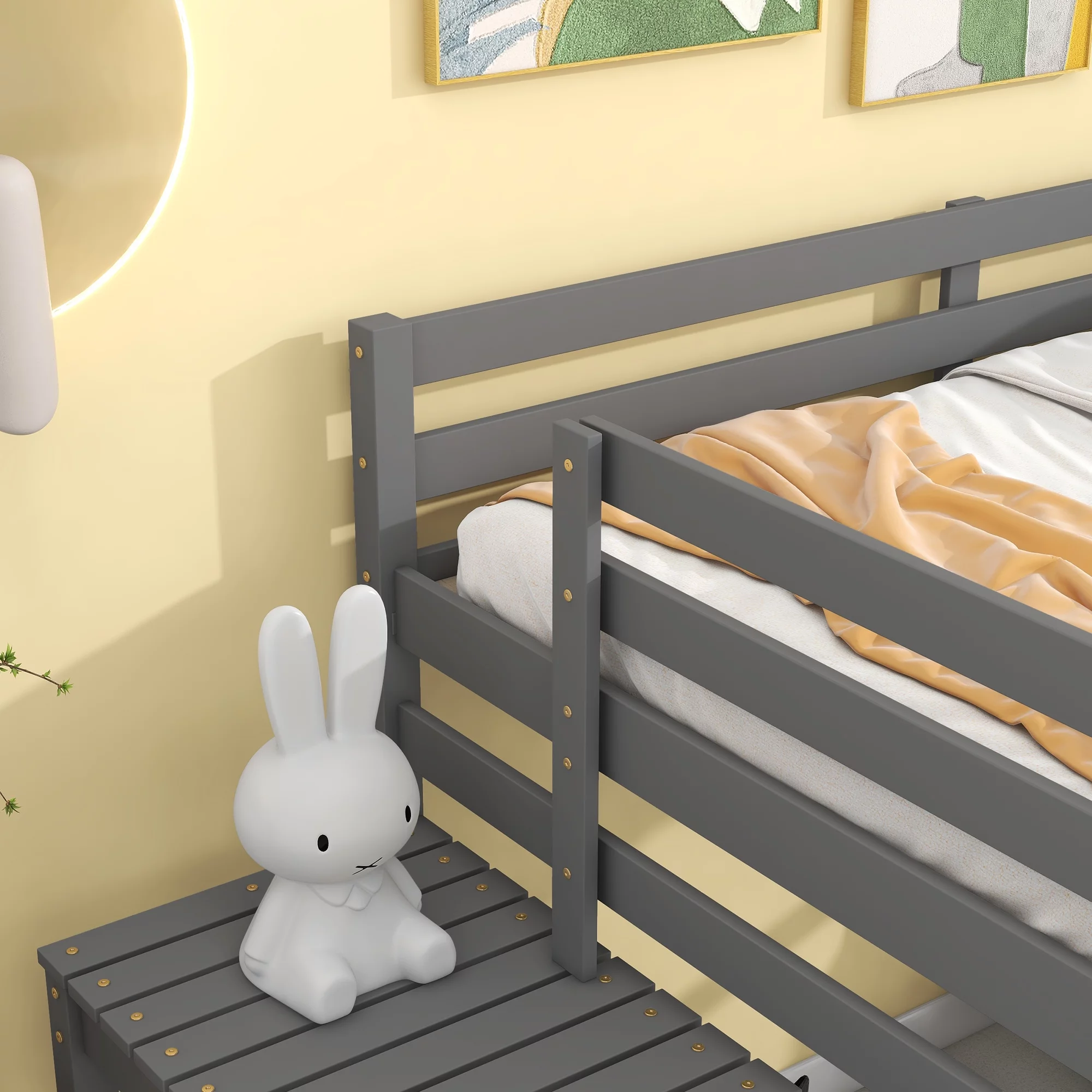 Bellemave Full Wood Loft Bed with Full-length Safety Rail and Ladder, Space-Saving Bedroom Low Loft Bed for Kids (Gray)