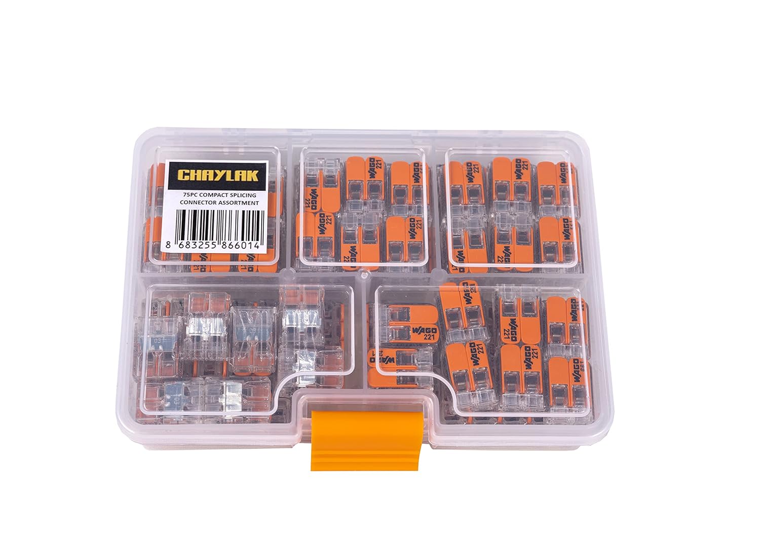 WAGO 75 Pcs Wire Connectors, 221 Series Lever-Nuts Assortment with Case, Includes (30x) 221-412, (30x) 221-413, (15x) 221-415, Compact Splicing Electrical Connector