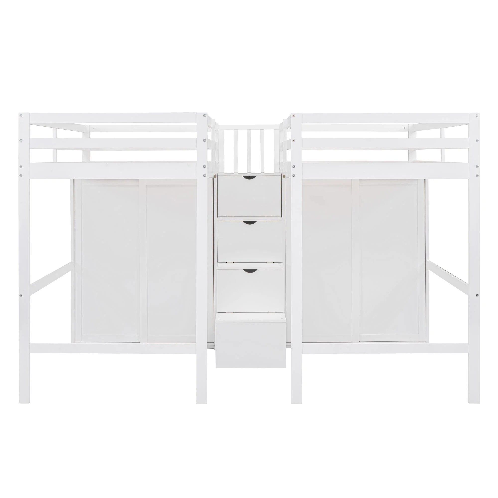 Double Twin Loft Bed, Solid Wood Loft Bed with Wardrobes and Staircase, Modern Storage Loft Bed with Storage Stairs and Shelves for Boys Girls Teens, Space Saving