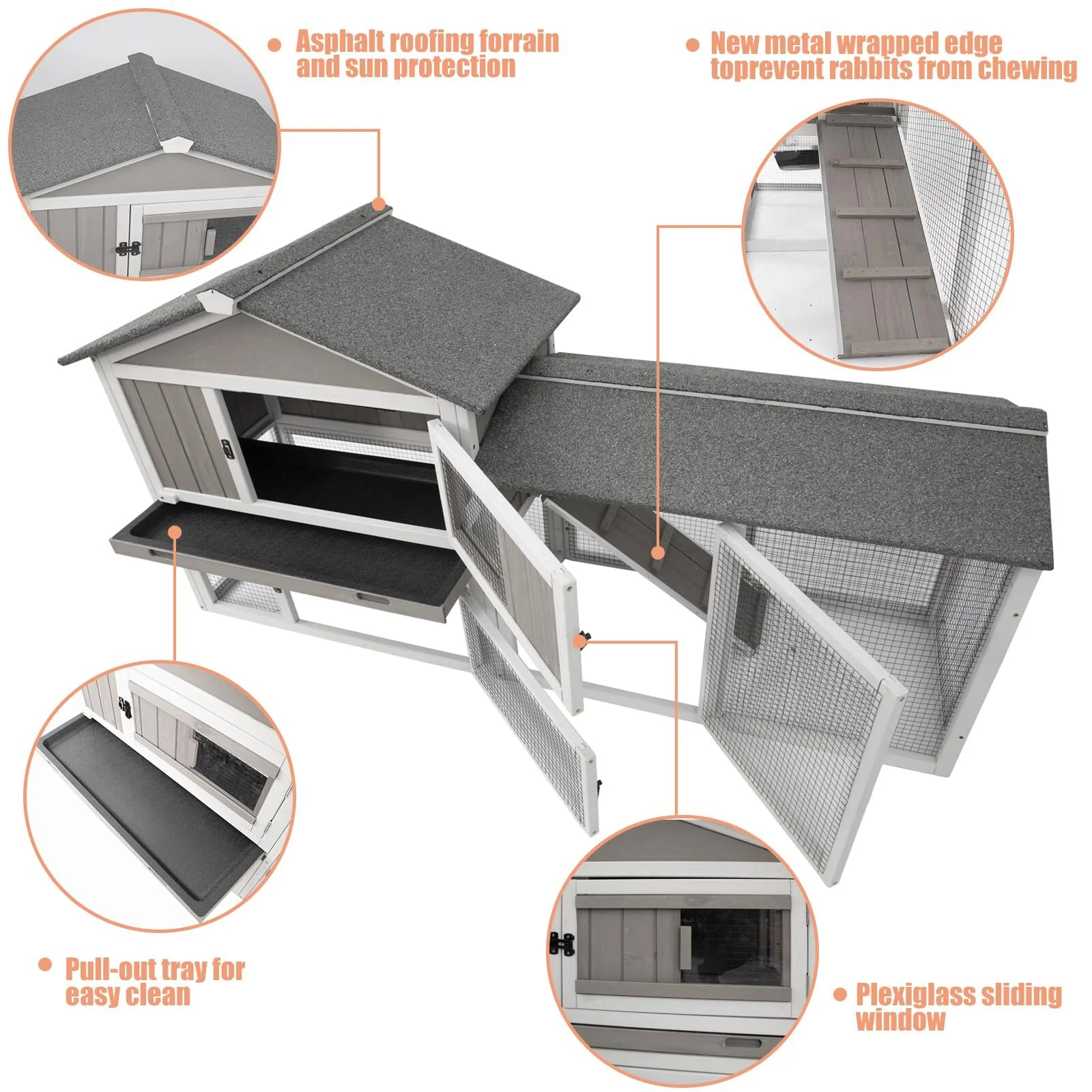 PETSCOSSET Rabbit Hutch Indoor Outdoor 66.9" L Bunny Hutch with Pull Out Tray,2 Story Wooden Rabbit Cage with Asphalt Roof,Guinea Pig Cage with Ventilation Doors,Ramp for Small Animals,Gray - Curated Treasures Market